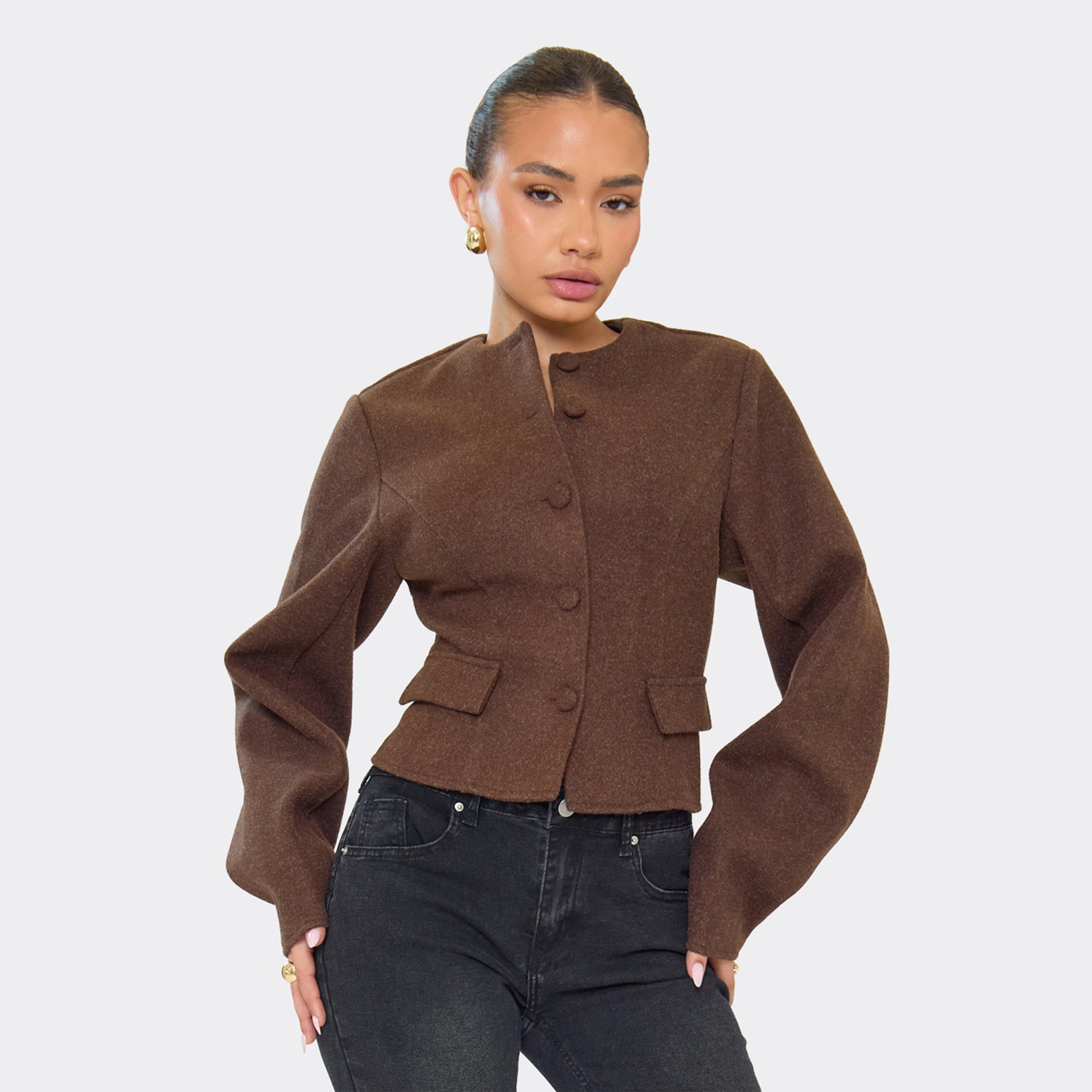 Crew Neck Button Front Wool Look Cinched Blazer In Chocolate Brown, Women’s