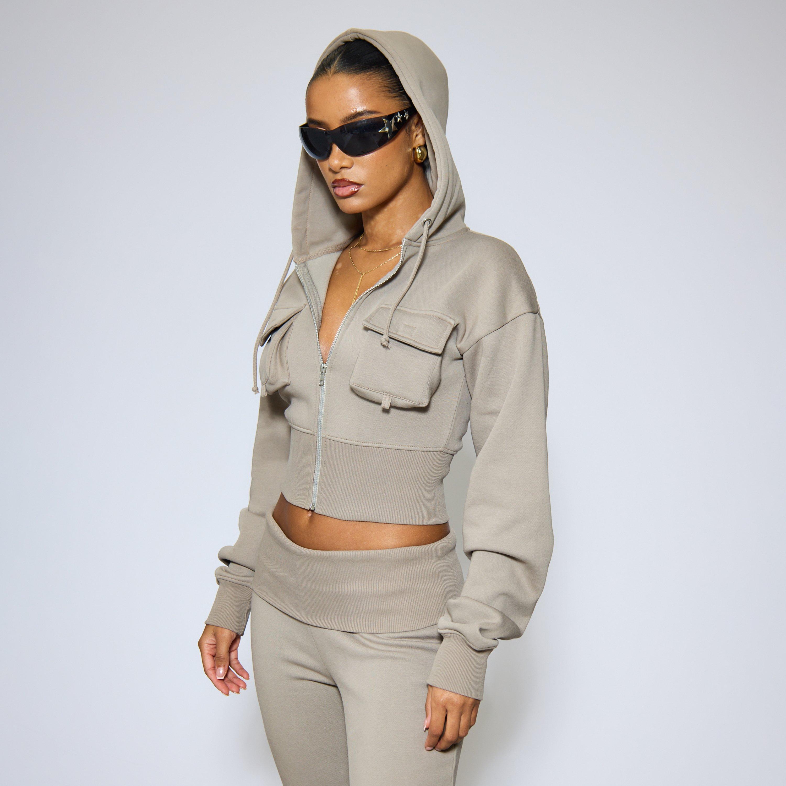 Pocket Detail Cinched Waist Zip Up Cropped Hoodie In Taupe, Women's Size UK 14