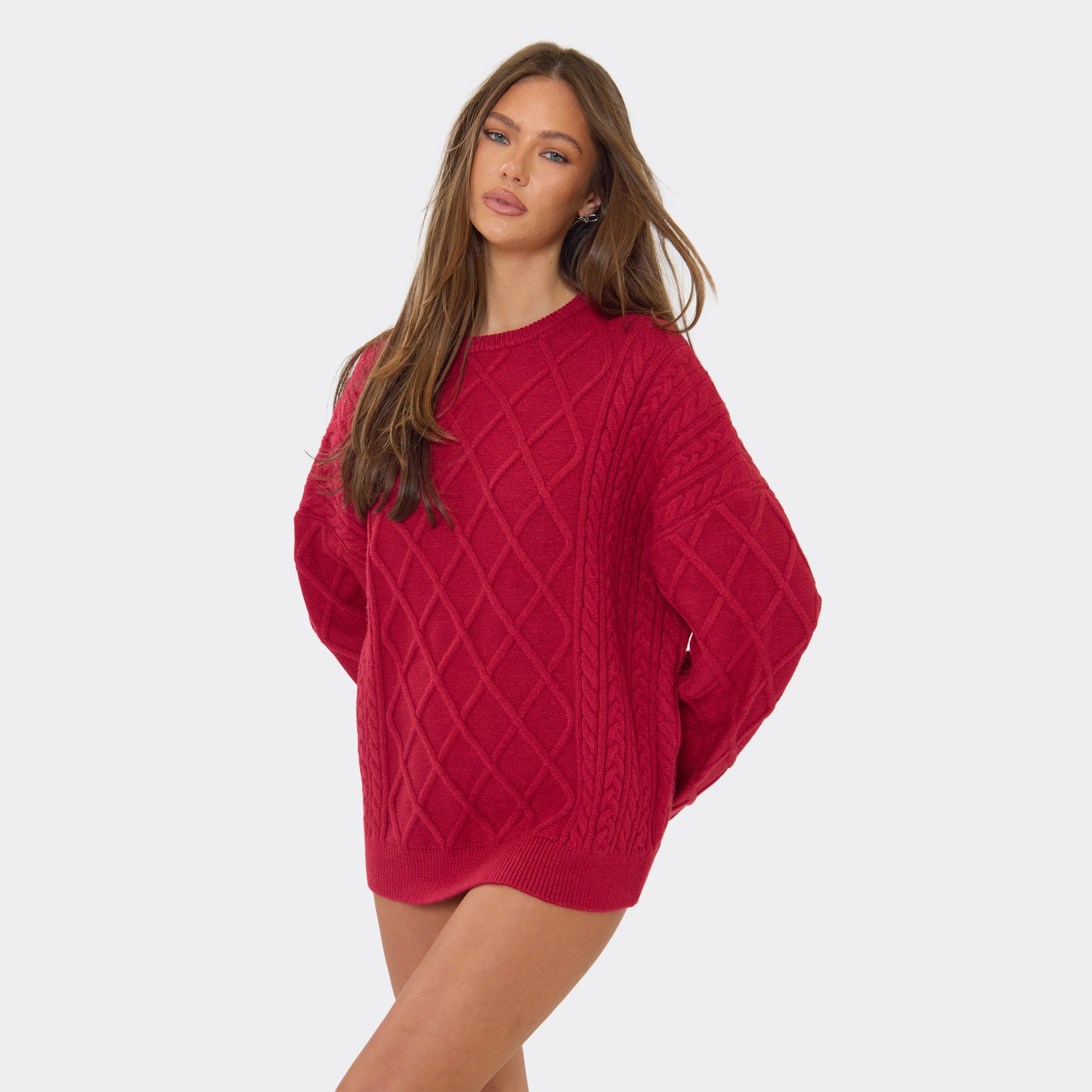 Long Sleeve Oversized Jumper In Burgundy Cable Knit, Women's Size UK M