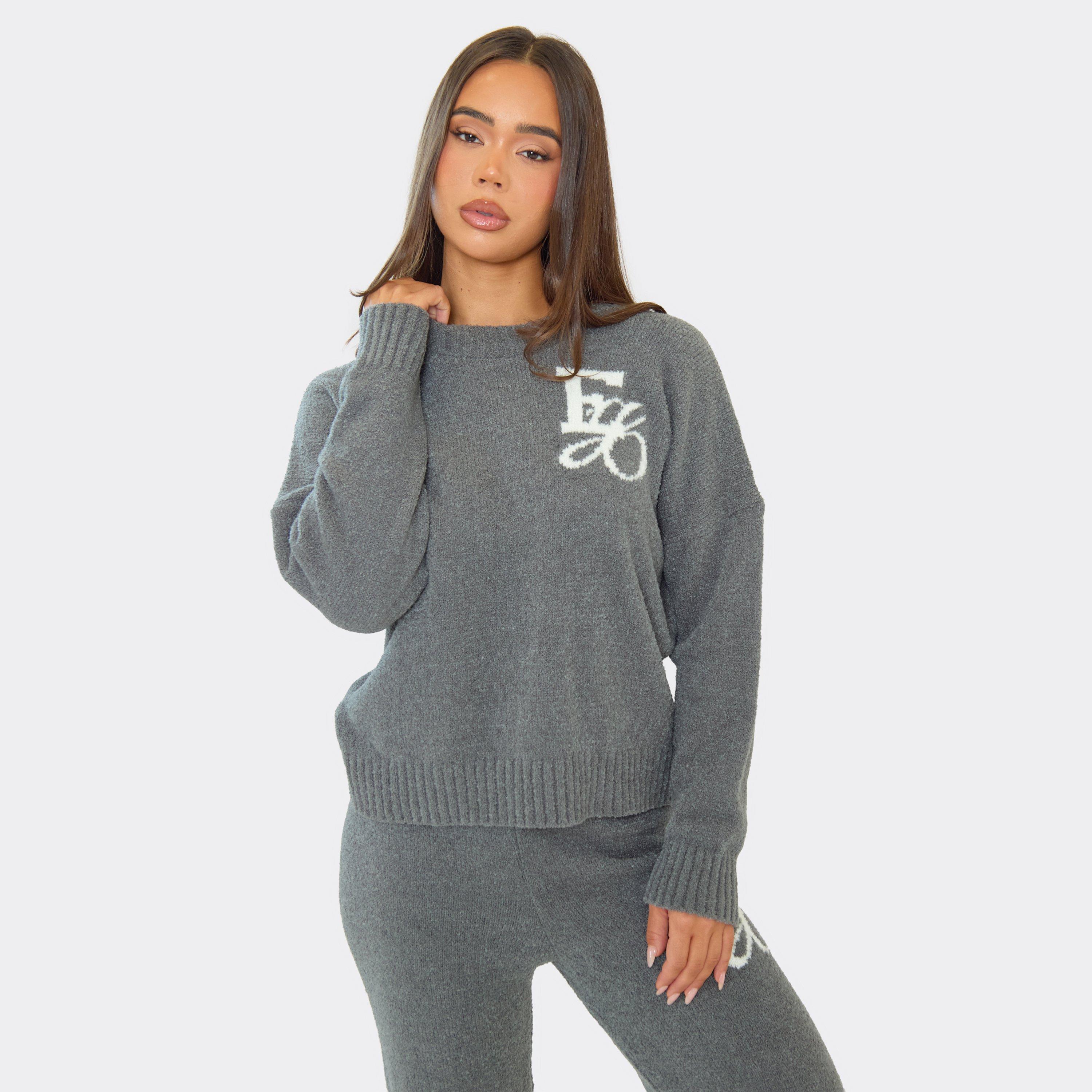 Crew Neck Ego Graphic Oversized Jumper In Grey Knit, Women's Size UK M