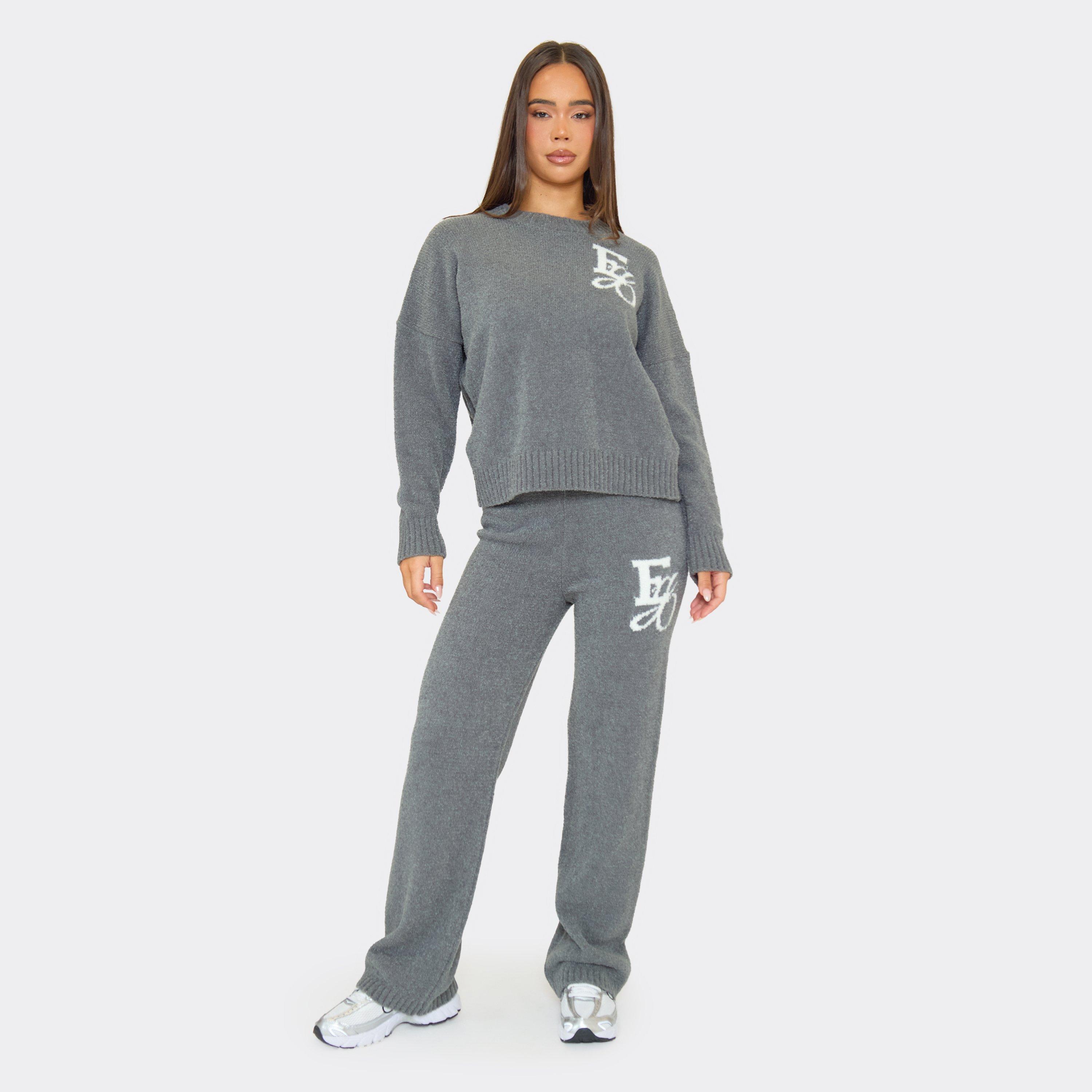 Ego Graphic Mid Waist Straight Leg Trousers In Grey Knit, Women's Size UK S