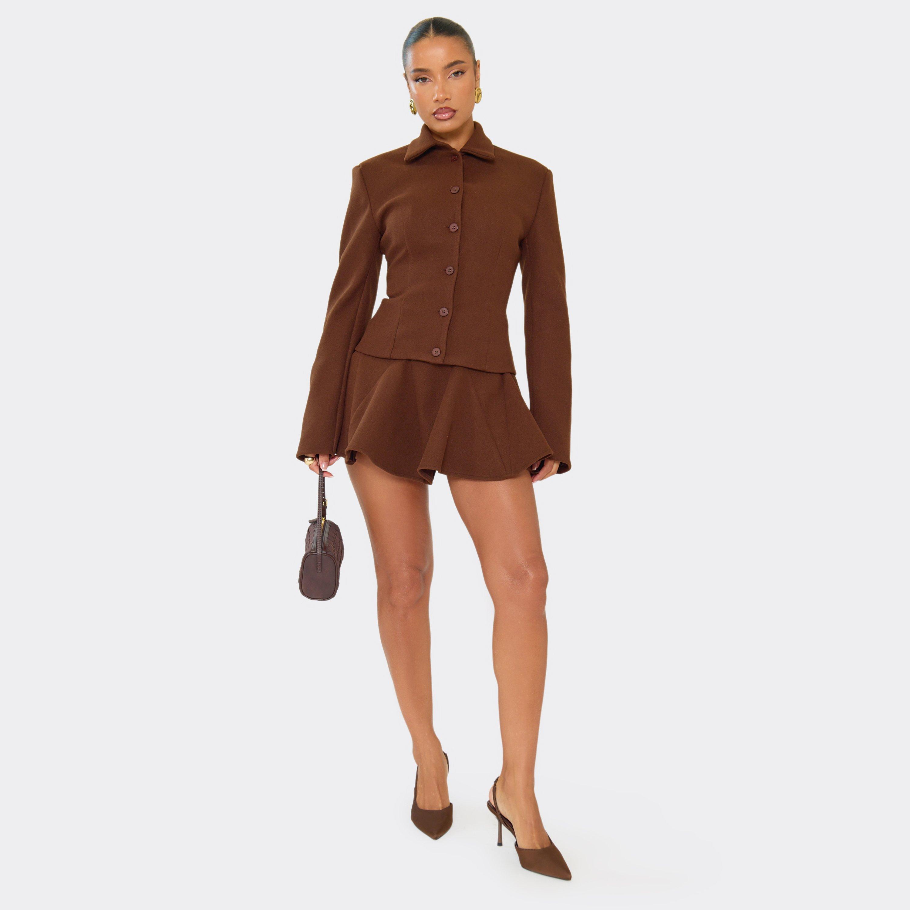 Mid Waist Pleated Skater Wool Look Mini Skort In Chocolate Brown, Women's Size UK 10