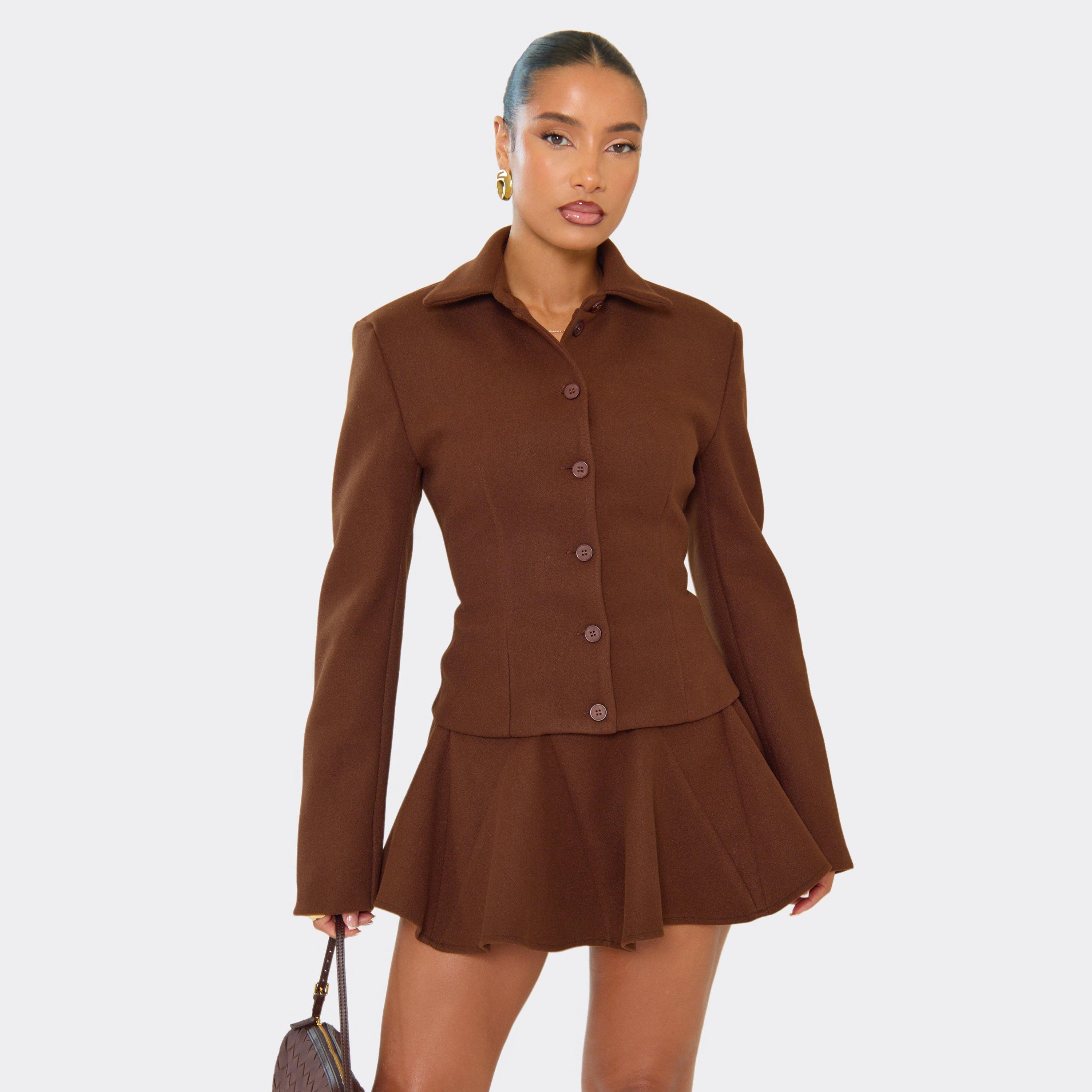 Shoulder Pad Cinched Waist Button Up Wool Look Top In Chocolate Brown, Women's Size UK 8