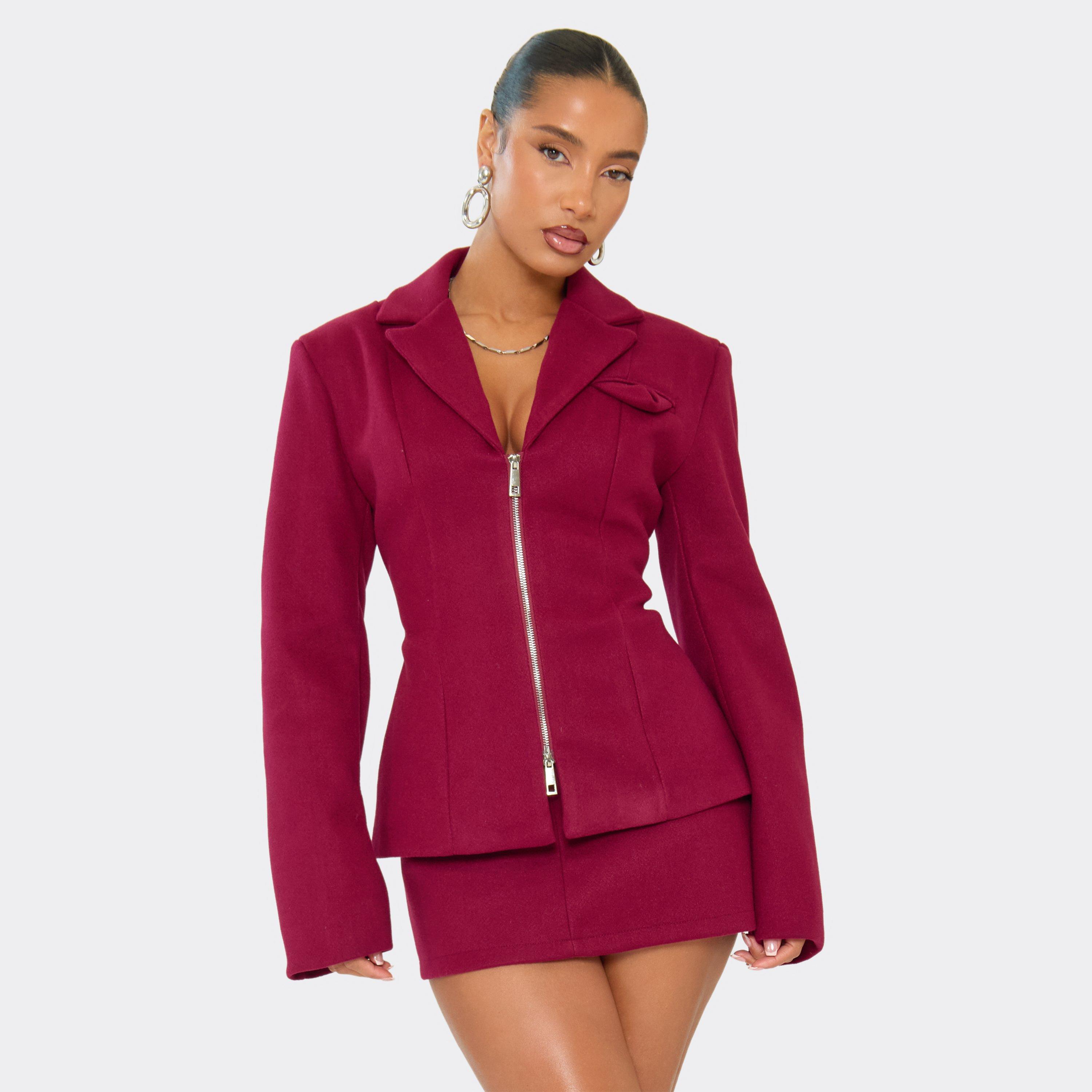 Double Zip Front Cinched Waist Wool Look Blazer In Burgundy, Women’s