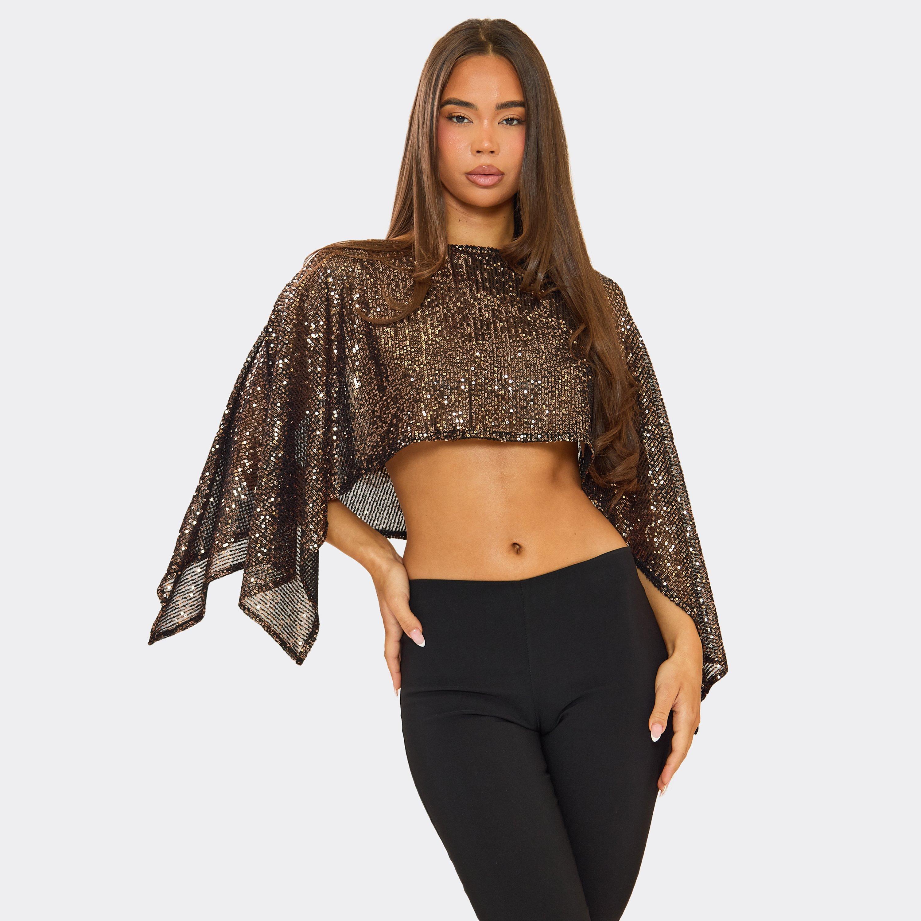 Floaty Cape Top In Bronze Sequin, Women's Size UK 14