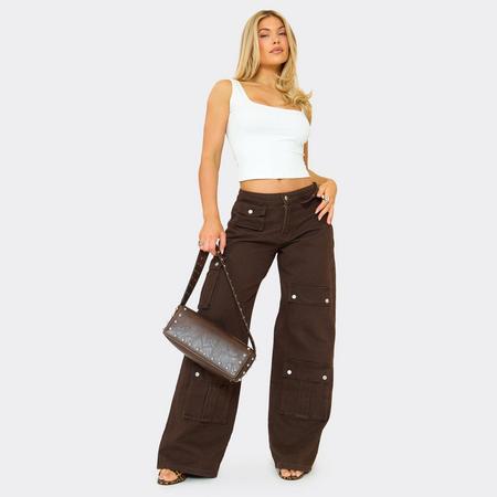 Low Rise Popper Cargo Detail Wide Leg Jeans In Chocolate Brown Denim, Women's Size US