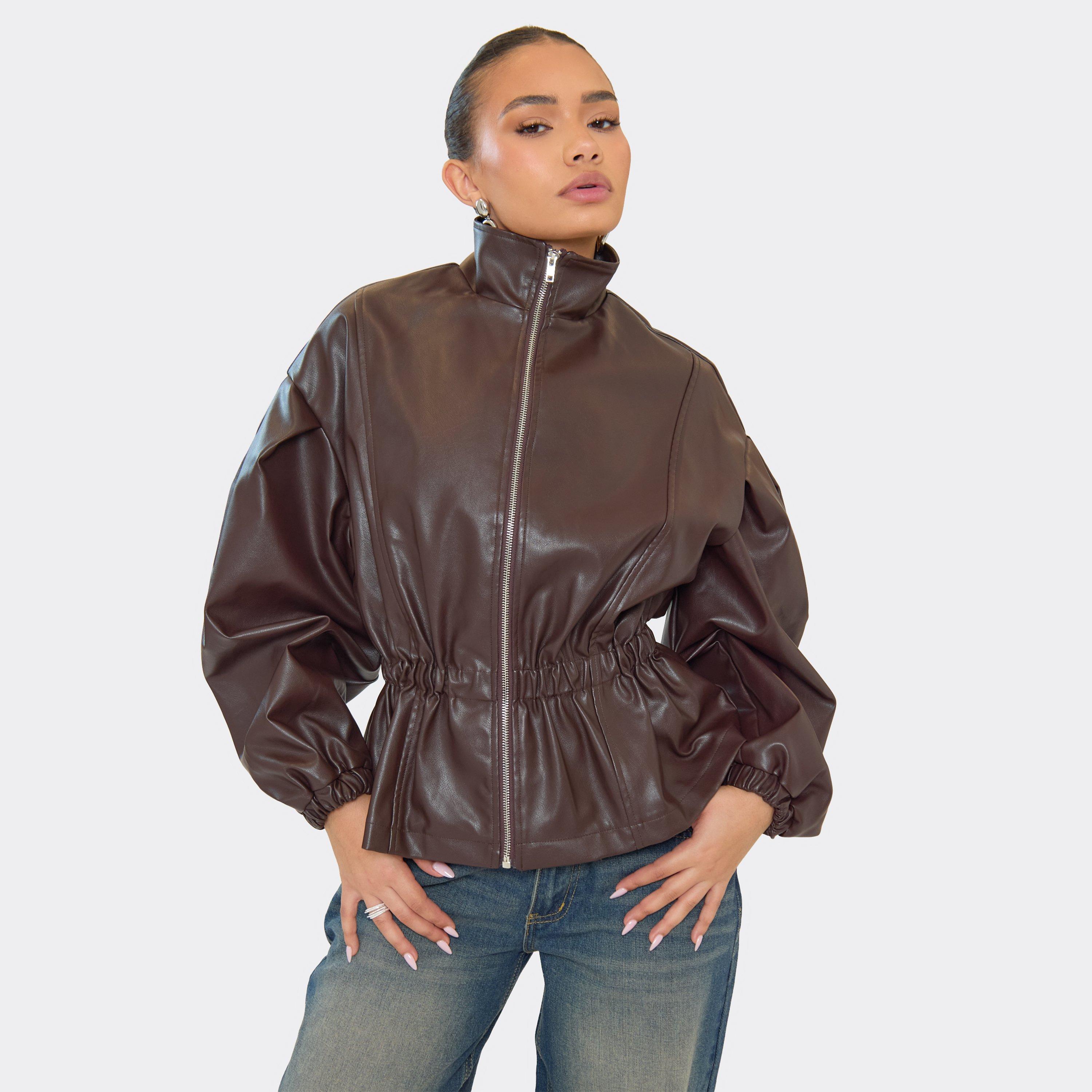Long Sleeve High Neck Cinched Elasticated Waist Jacket In Chocolate Brown Faux Leather, Women's Size UK 6