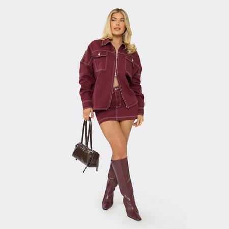 Mid Rise Seam Detail Mini Skirt In Burgundy Denim, Women's Size US