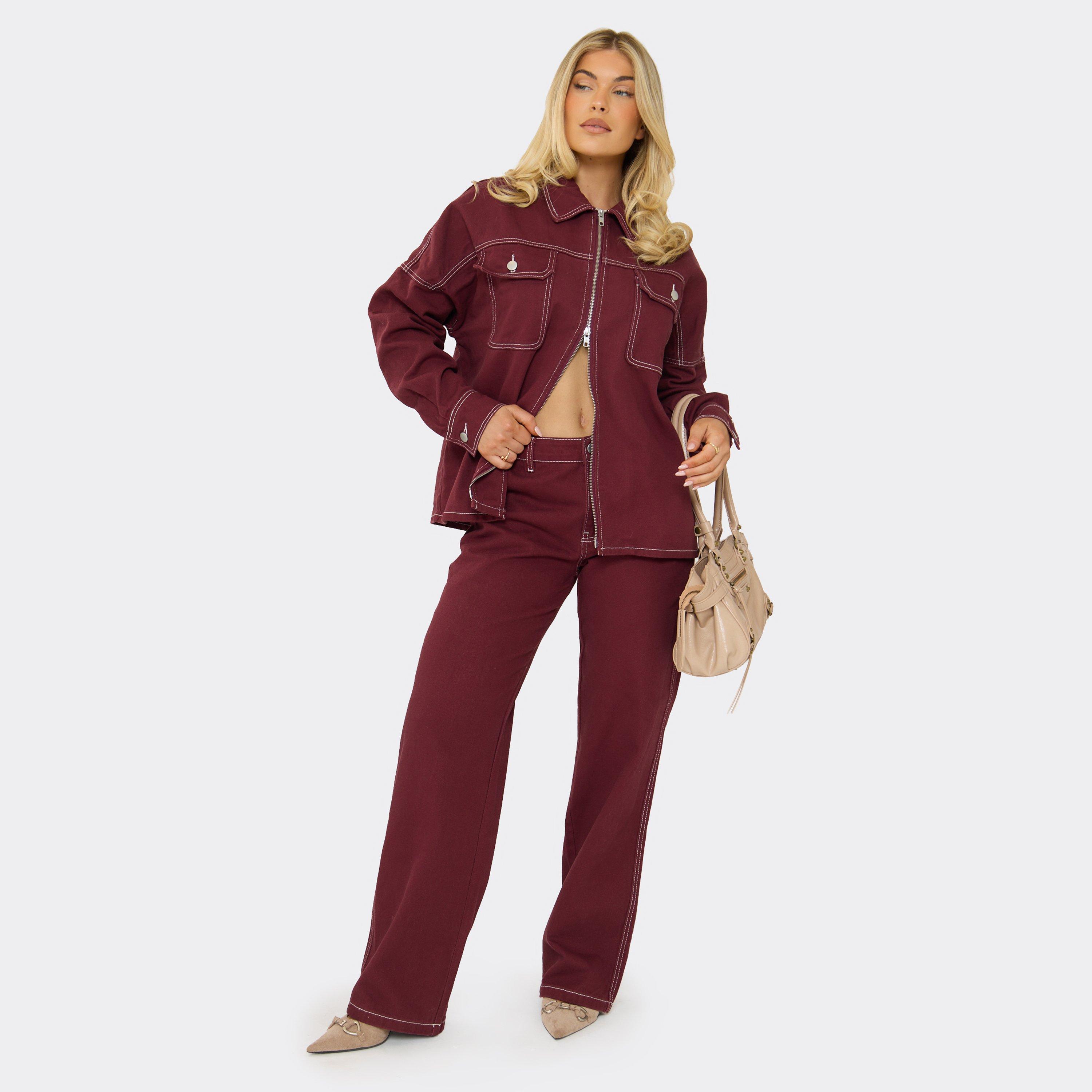 Image of Mid Rise Seam Detail Wide Leg Jeans In Burgundy Denim, Women's