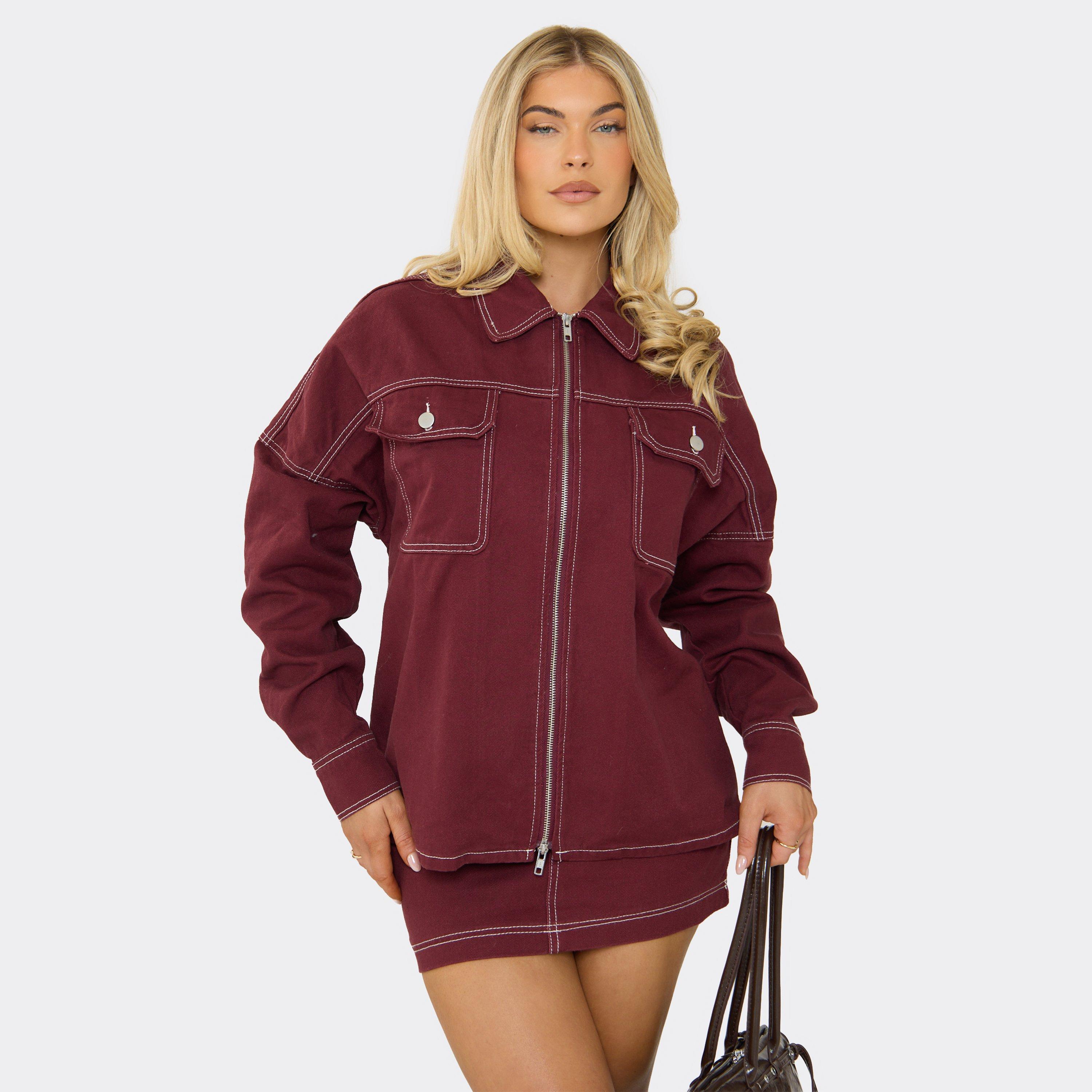 Seam Detail Pocket Front Boxy Jacket In Burgundy Denim, Women's Size UK 10
