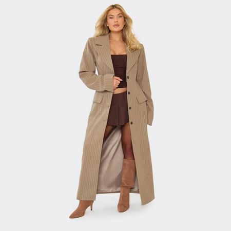Cinched Waist Wool Look Maxi Coat In Stone Pinstripe, Women's Size US