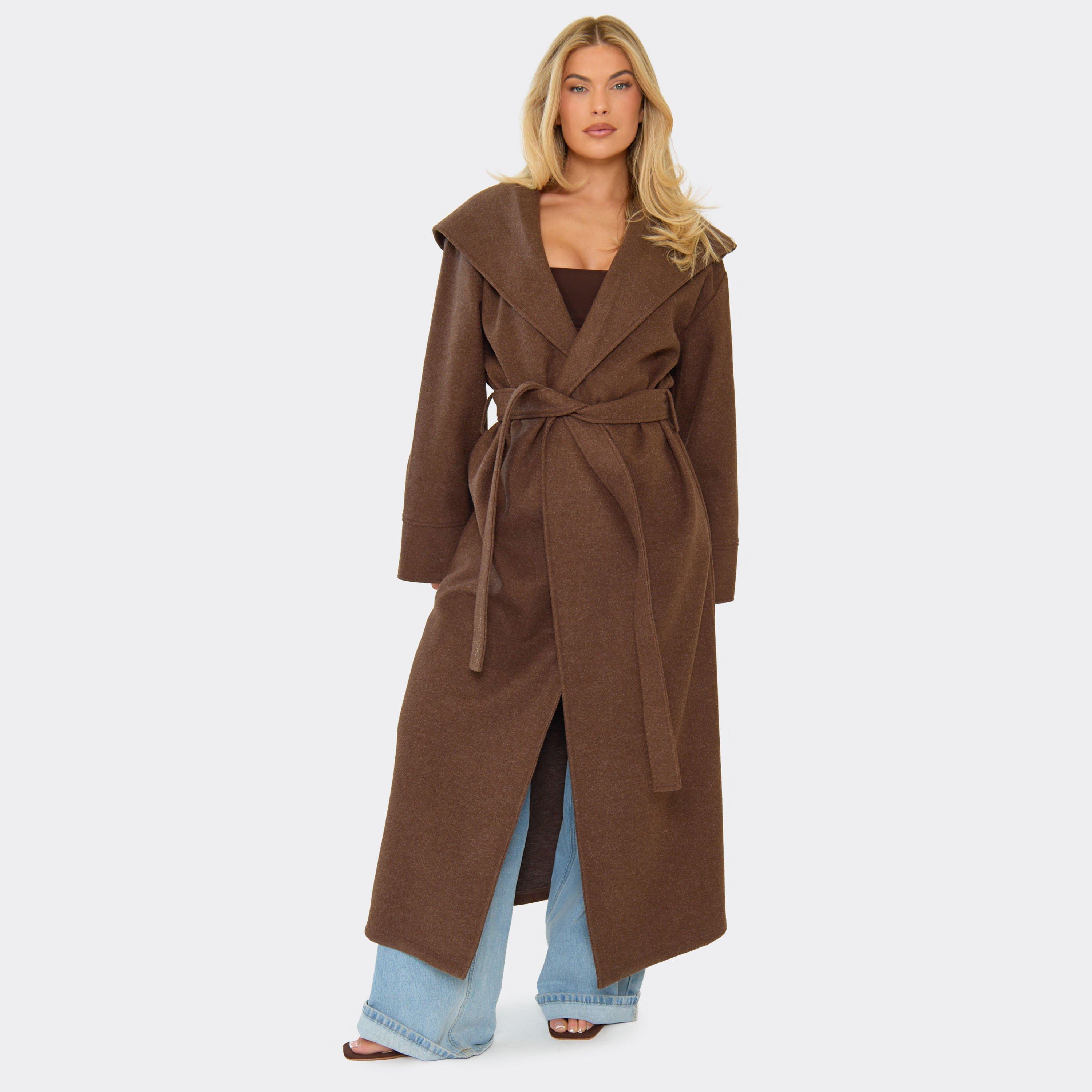 Hooded Tie Waist Wool Look Maxi Coat In Chocolate Brown, Women's Size UK 6