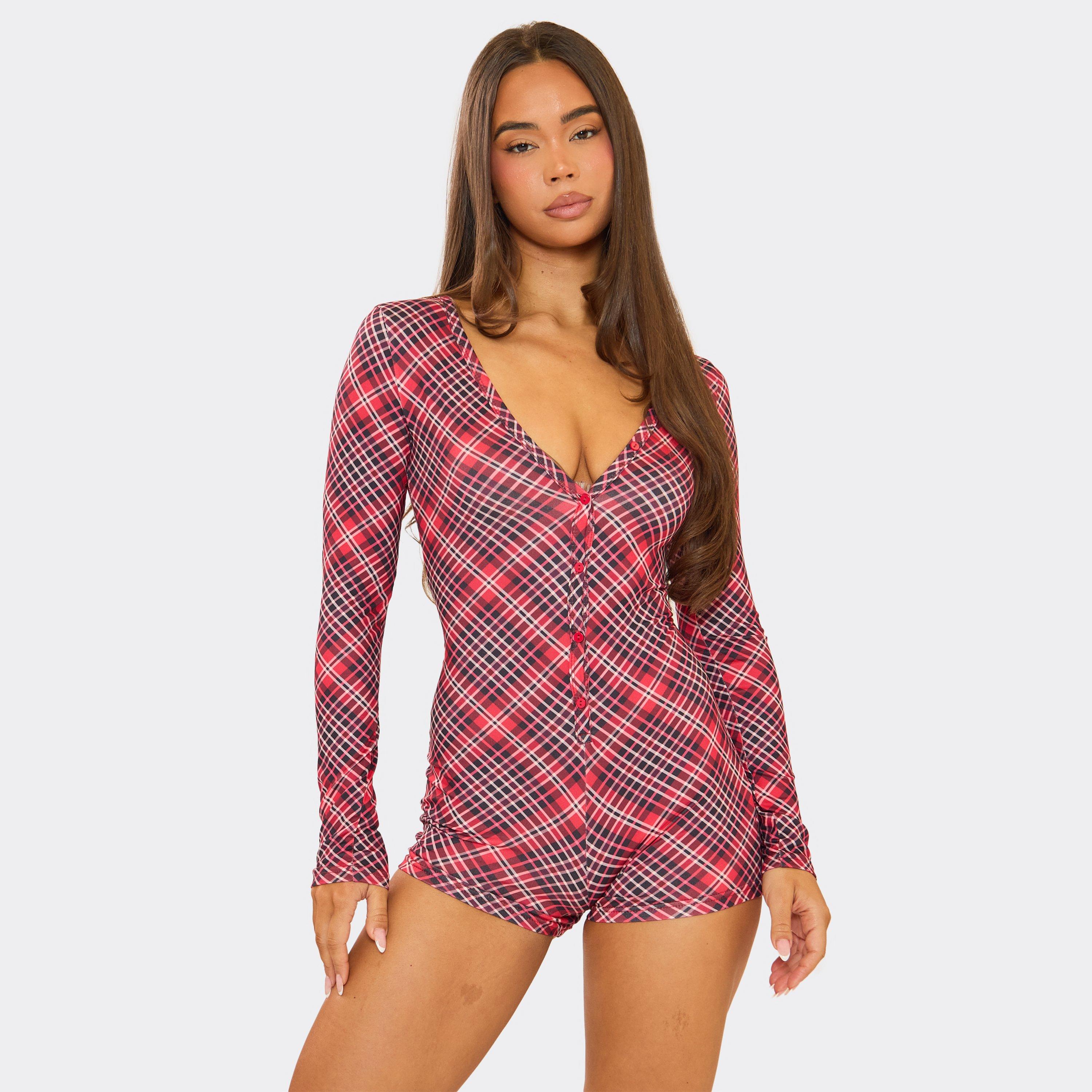 Image of Long Sleeve Pyjama Playsuit In Red Tartan Print, Women's Size UK L