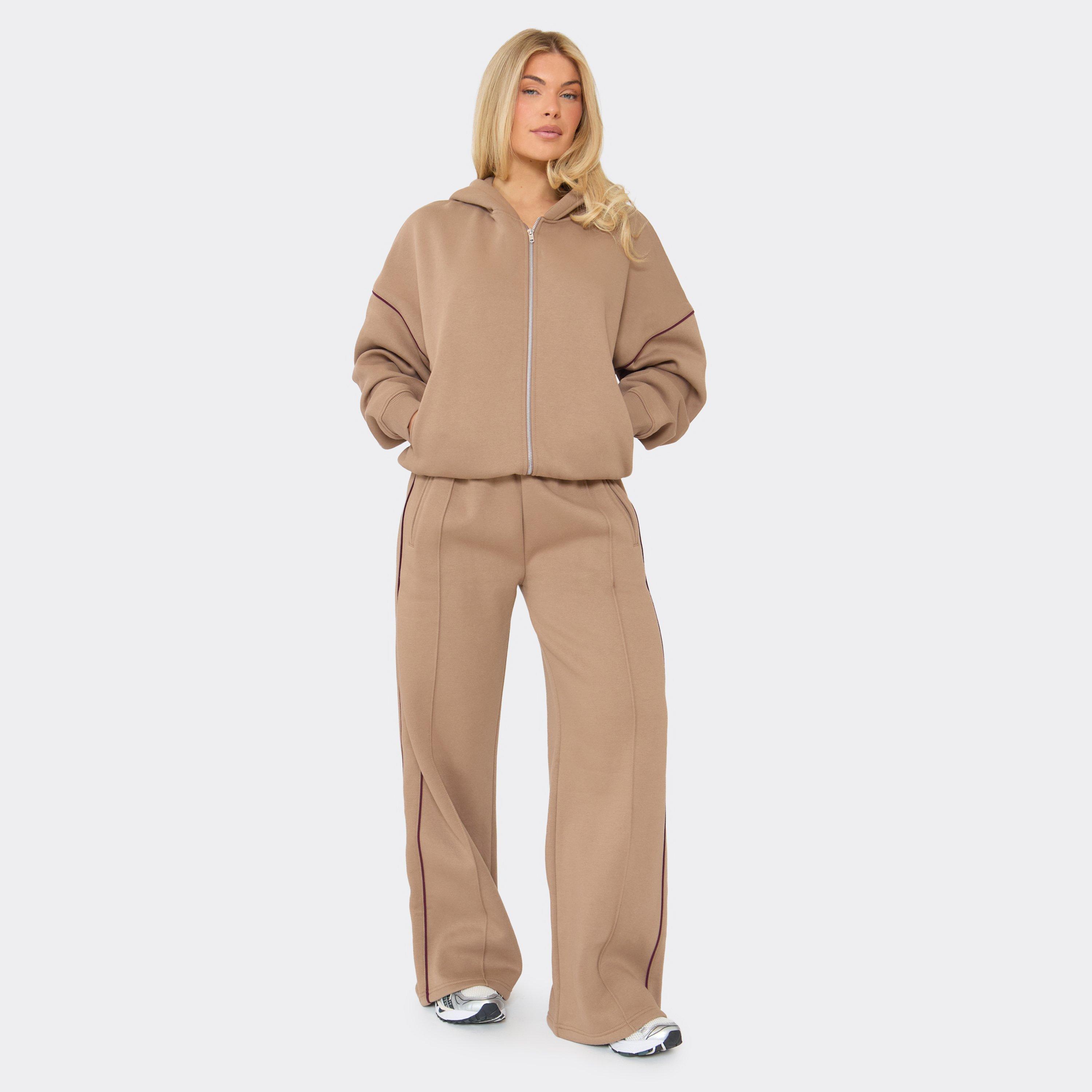 Low Rise Contrast Stripe Wide Leg Joggers In Stone, Women's Size UK 10