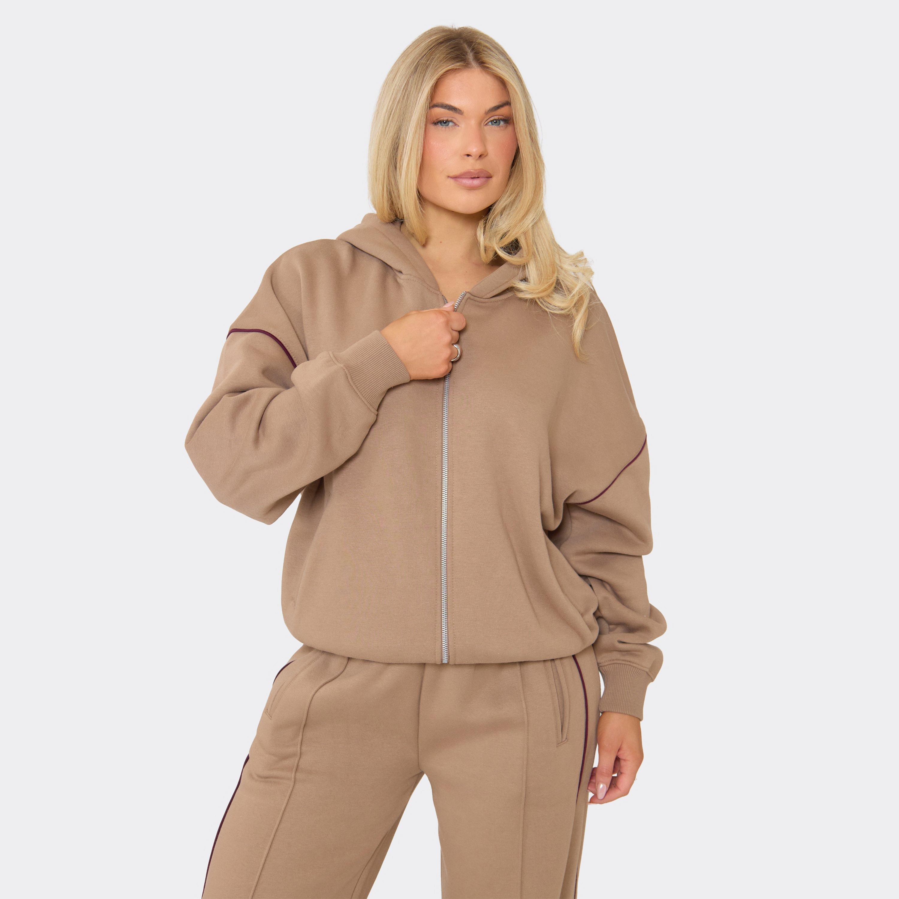 Contrast Stripe Boxy Zip Up Hoodie In Stone, Women's Size UK 14