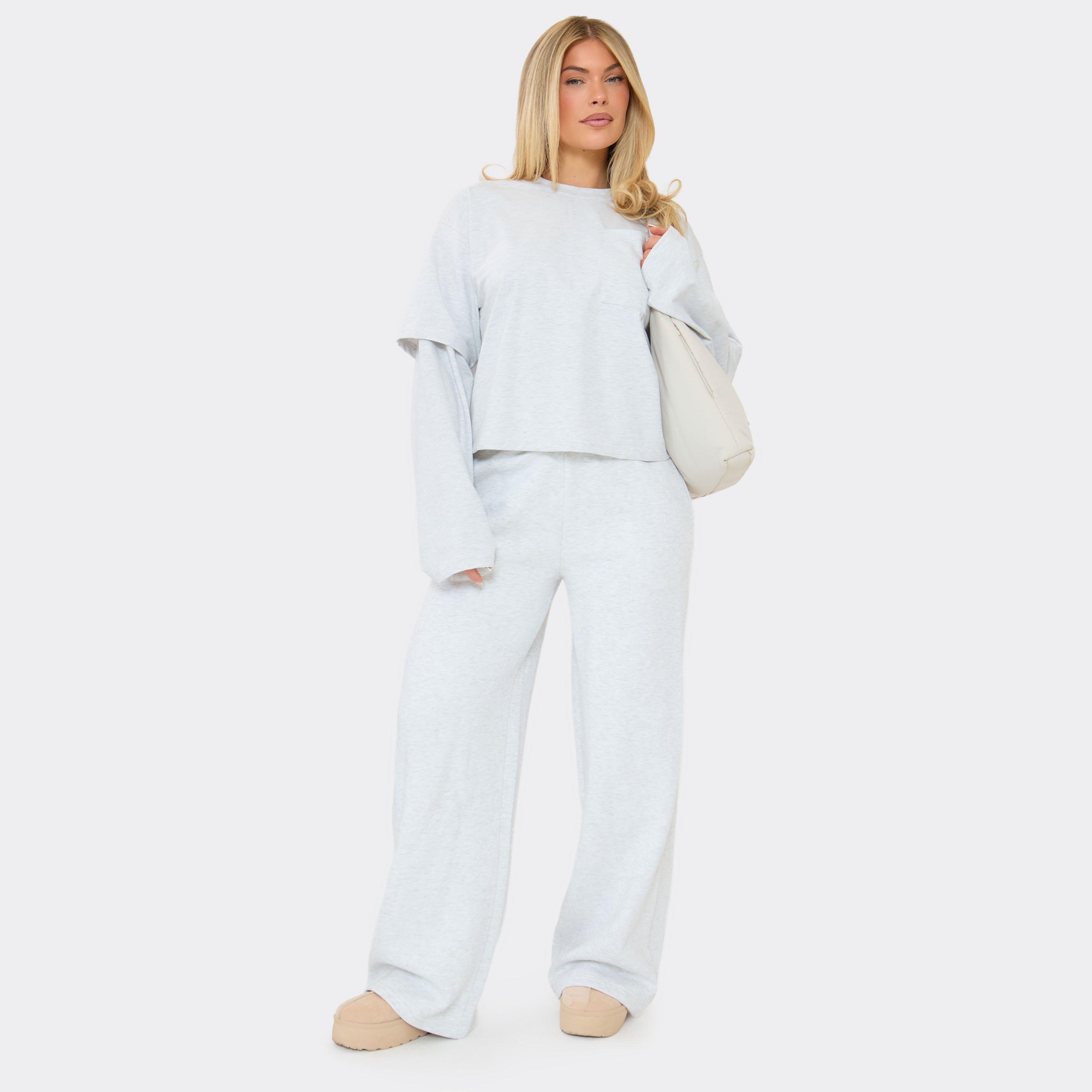 Pocket Detail Wide Leg Joggers In Light Grey Marl, Women’s