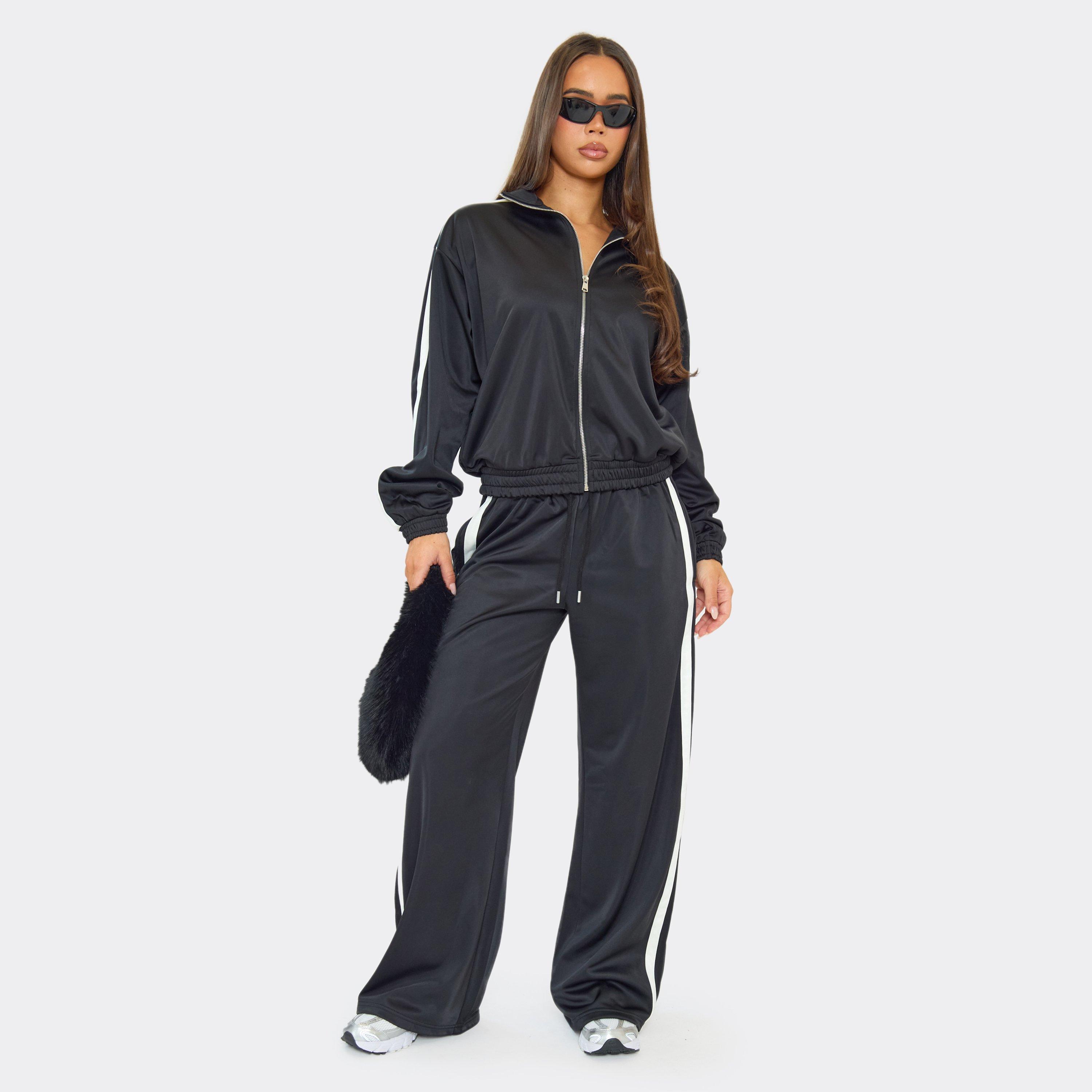 Mid Rise Contrast Side Stripe Track Pants In Black, Women's Size UK 8