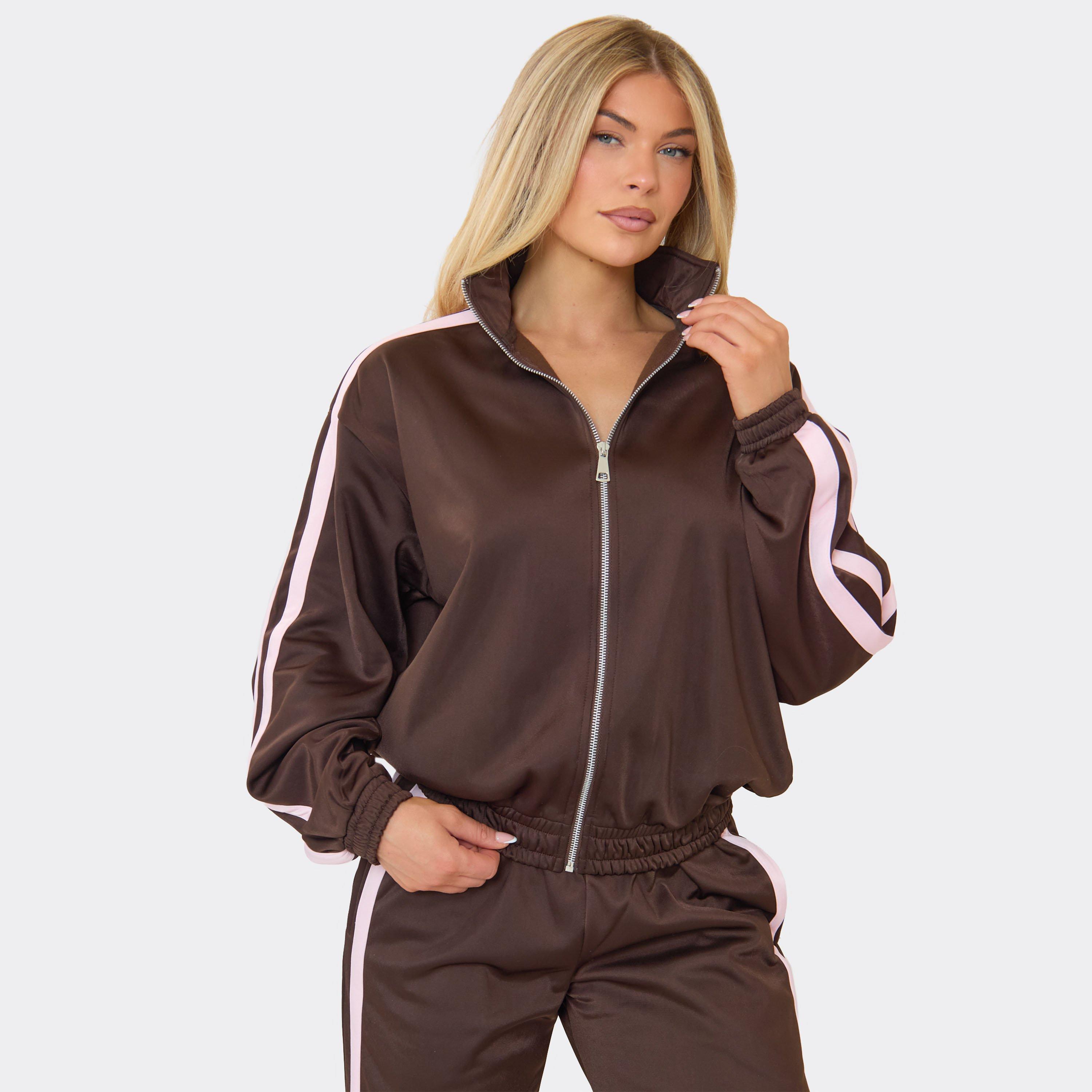 Contrast Side Stripe Track Jacket In Chocolate Brown, Women's Size UK 6