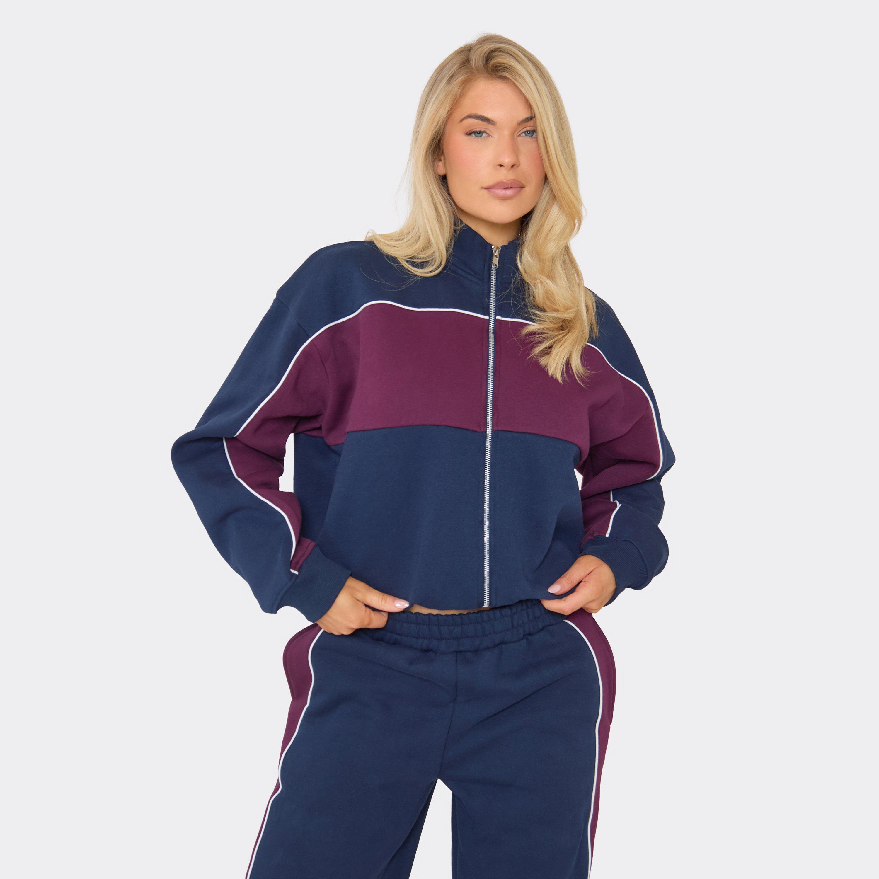 Contrast Detail Zip Up Sweatshirt In Navy Blue, Women's Size UK 10