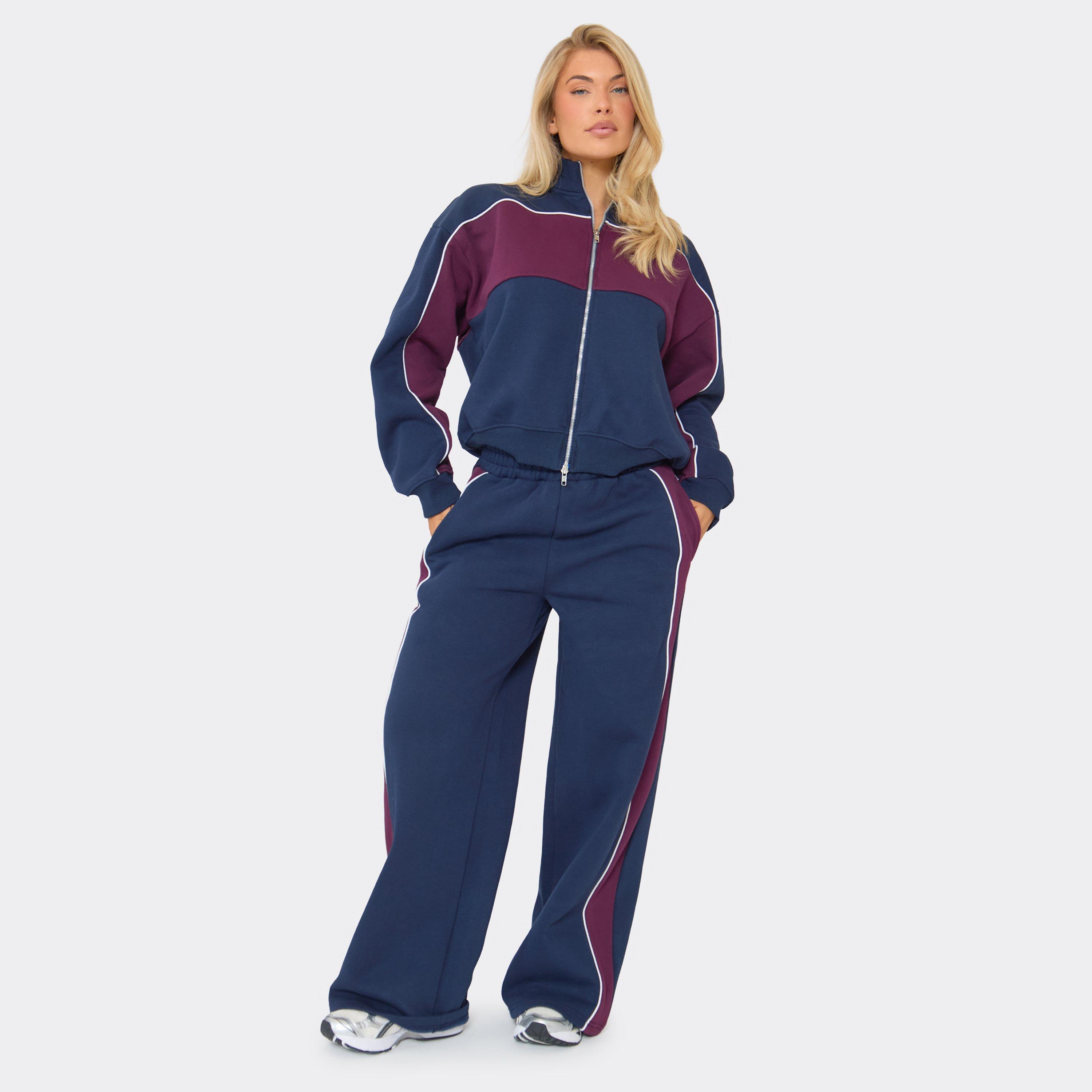 Low Rise Contrast Detail Wide Leg Joggers In Navy Blue, Women's Size UK 10