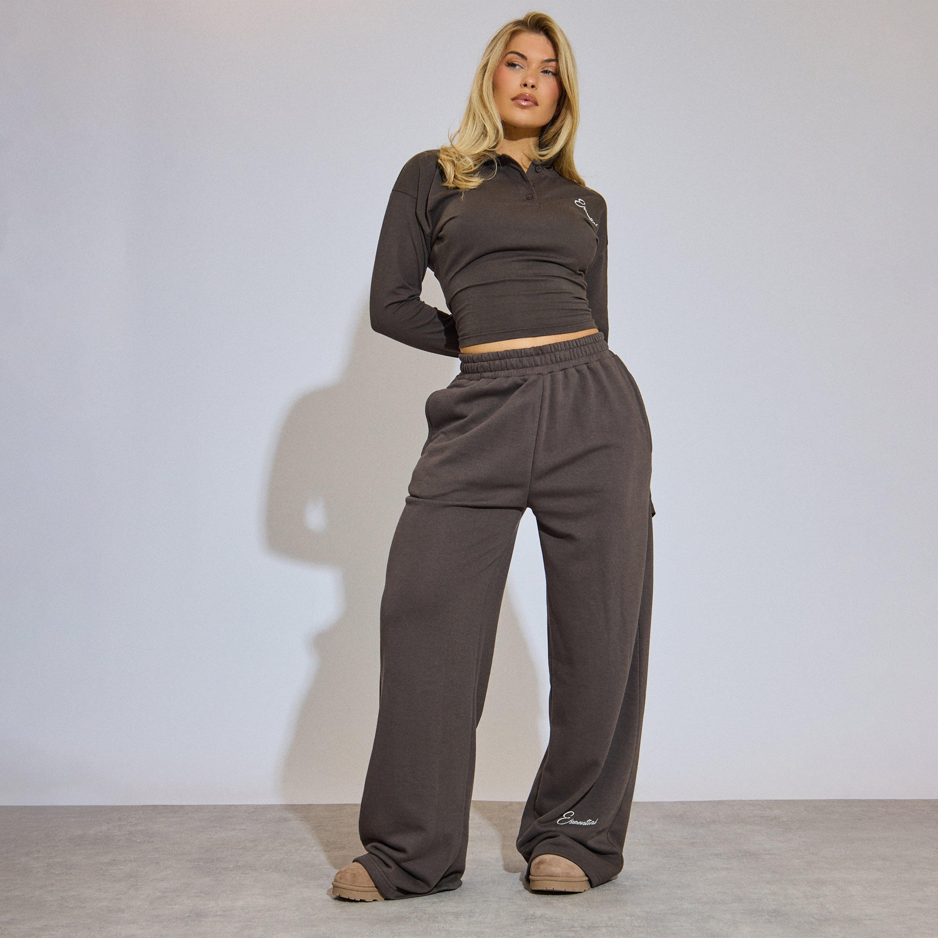 Low Rise Essential Embroidered Graphic Straight Leg Joggers In Chocolate Brown, Women’s