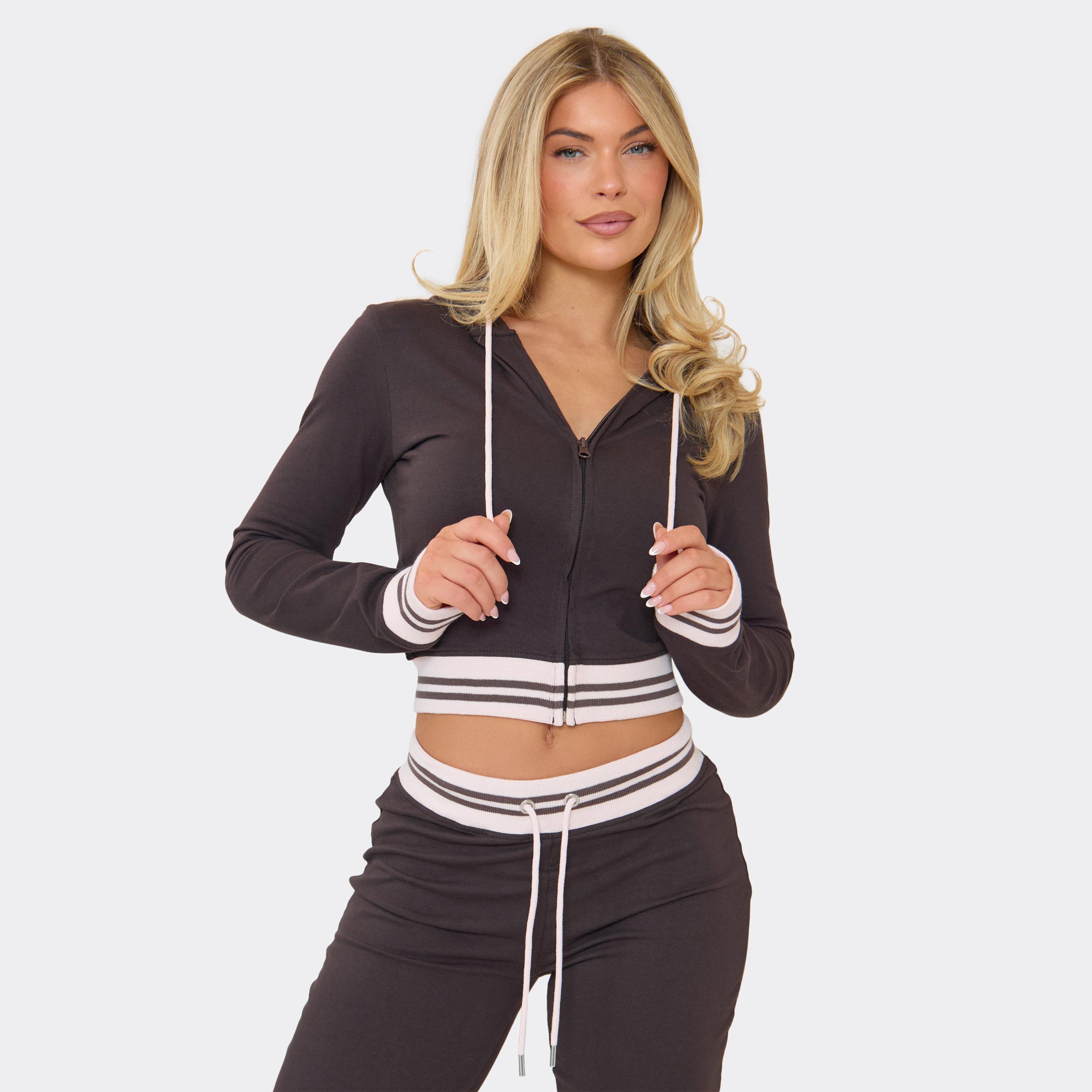 Contrast Stripe Detail Fitted Zip Up Hoodie In Chocolate Brown, Women’s