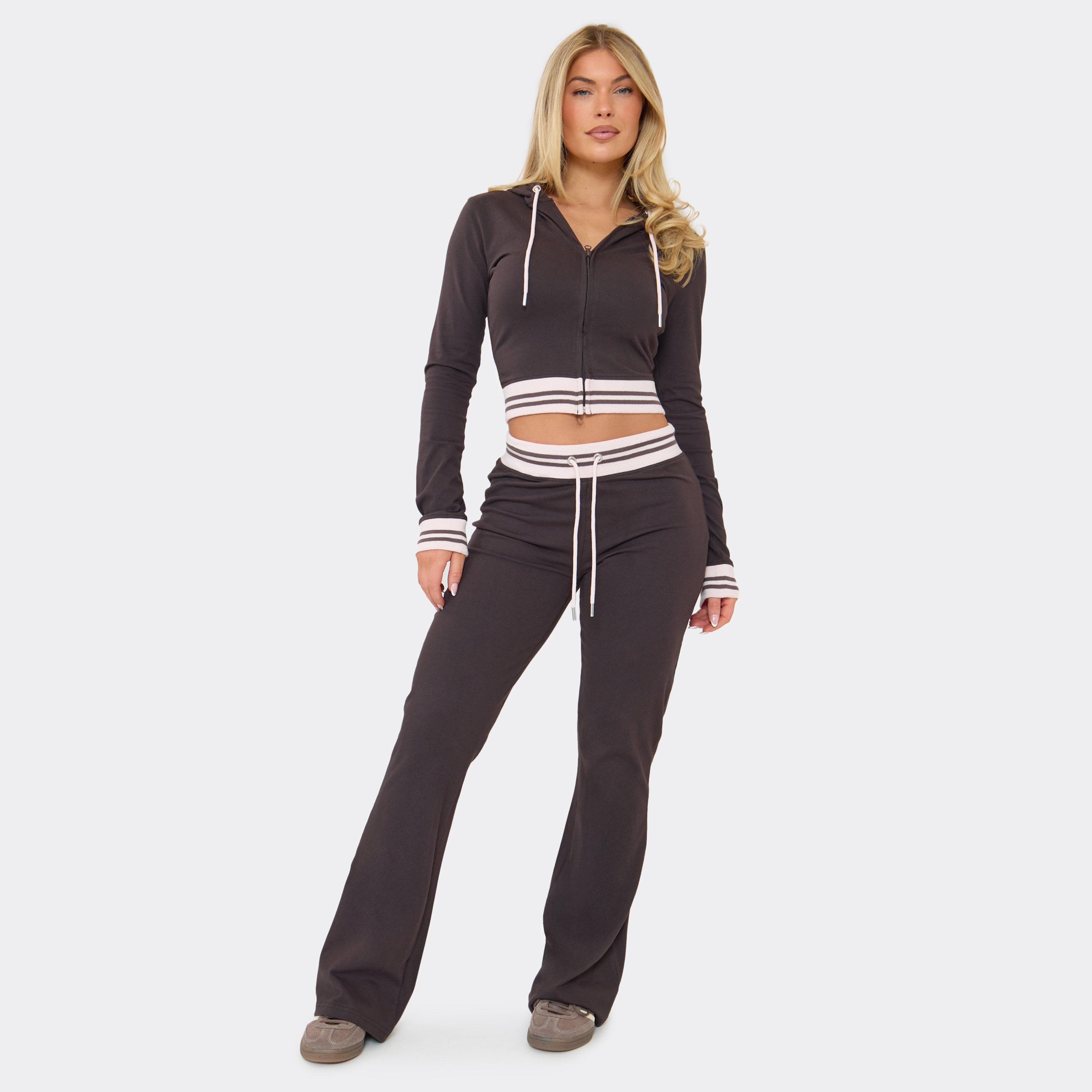 Image of Mid Rise Contrast Stripe Skinny Flare Leg Trousers In Chocolate Brown, Women's