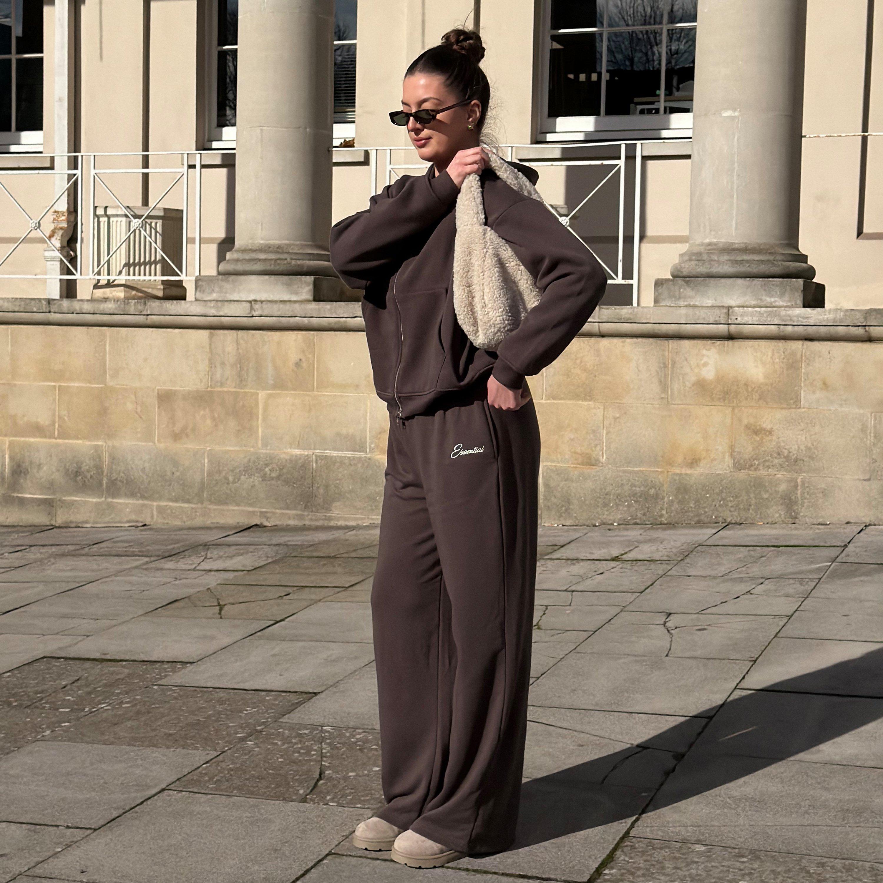 Mid Rise Essential Embroidered Graphic Wide Leg Joggers In Chocolate Brown, Women's Size UK 8