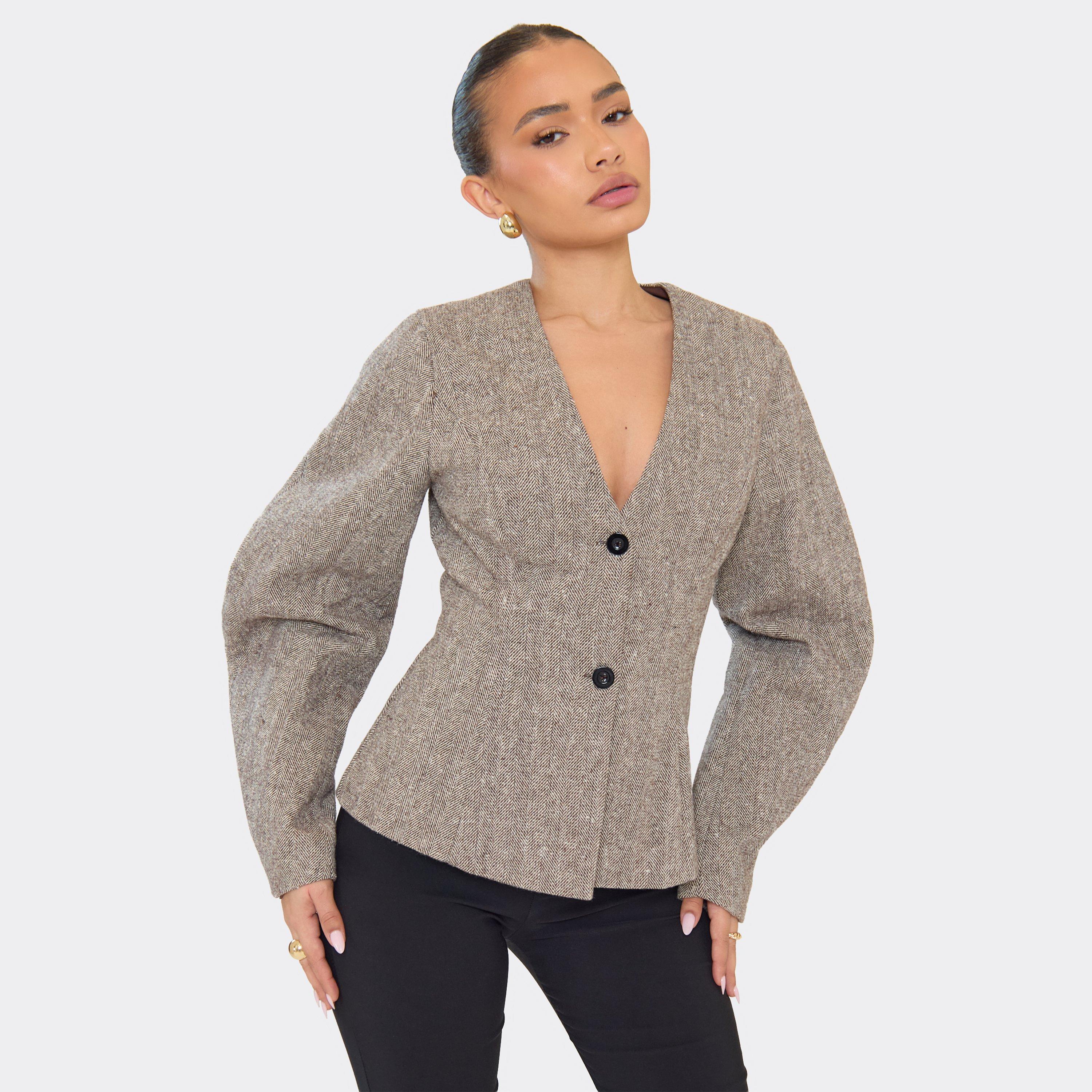 Cinched Waist Button Detail Blazer In Light Brown Chevron, Women’s
