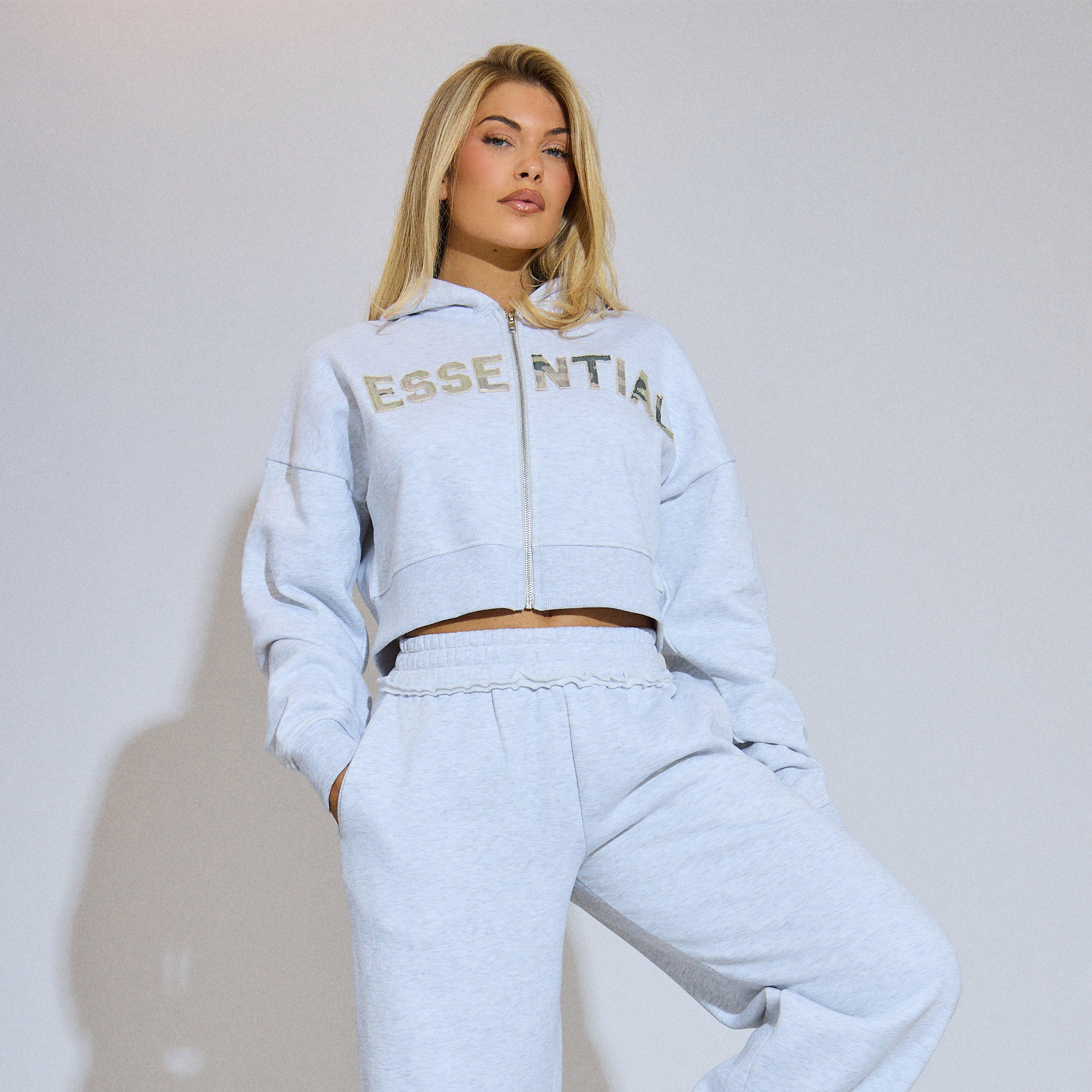 Essential Camo Printed Graphic Detail Boxy Hoodie In Light Grey Marl, Women’s