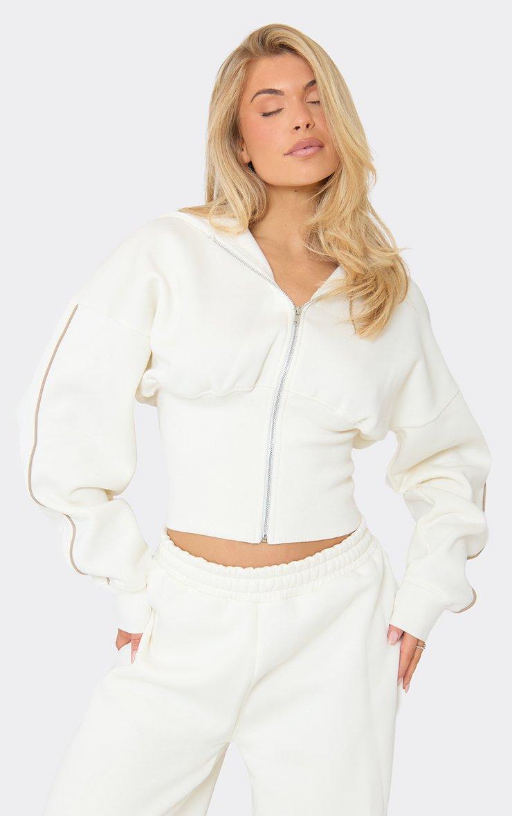 RSG フード付きスウェット ホワイト Zip Through Ego Graphic Contrast Stripe Cropped Hoodie In Cream