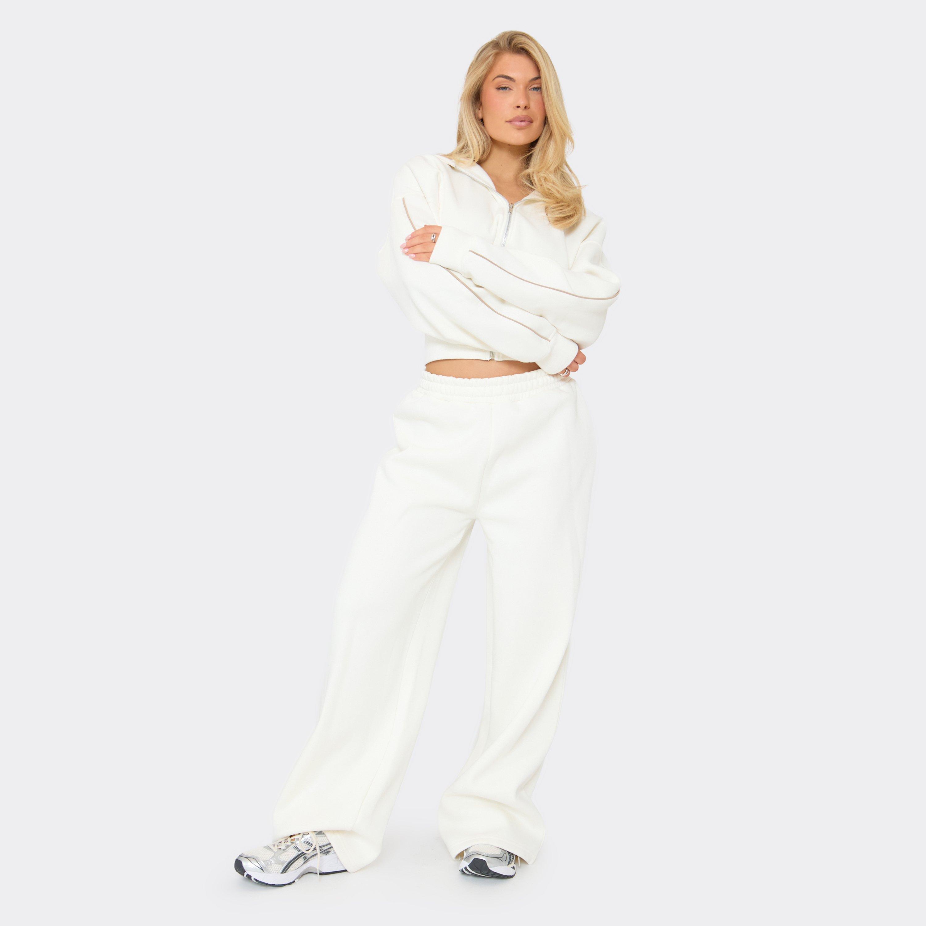 Low Rise Contrast Piping Wide Leg Joggers In Cream, Women's Size UK 8