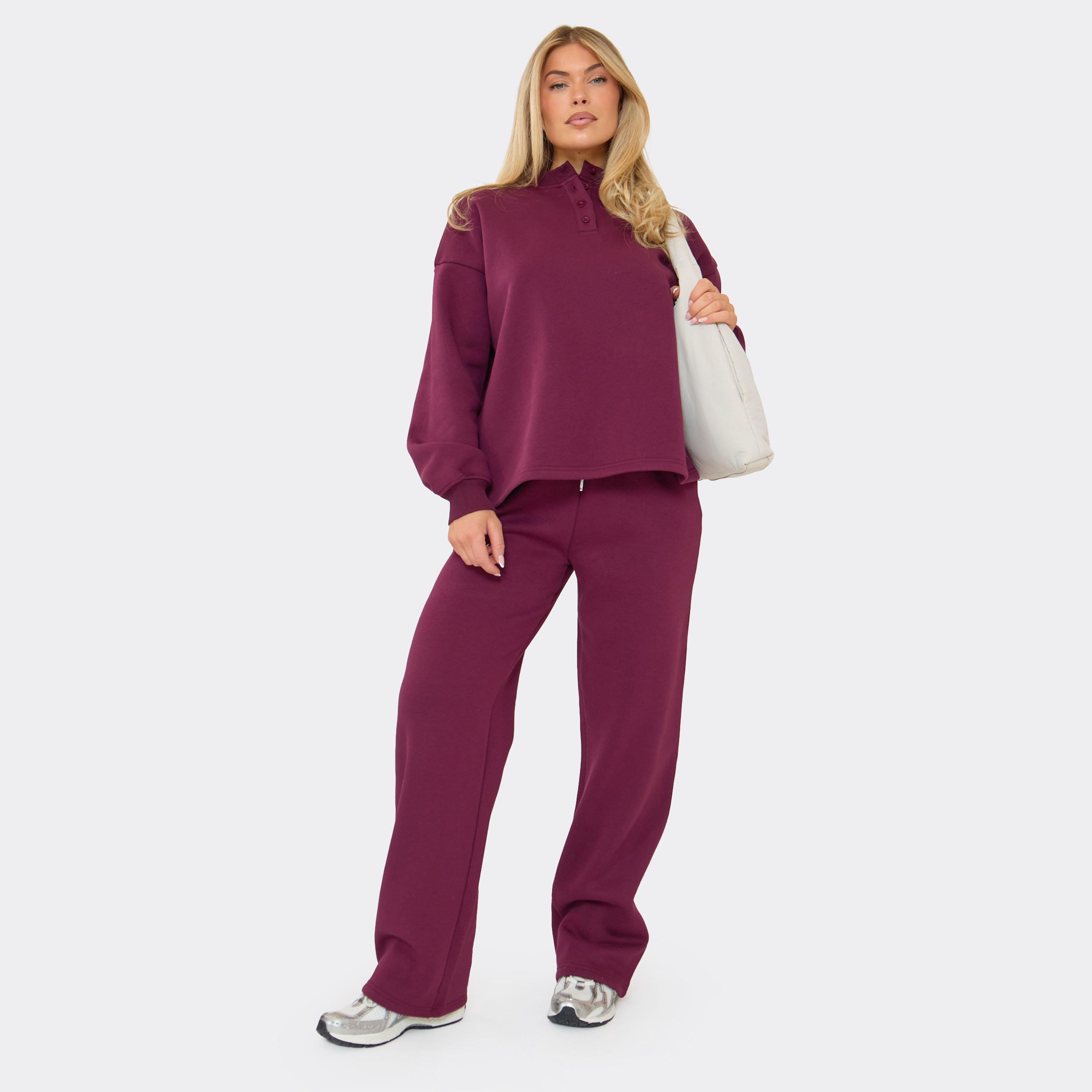 Low Rise Drawstring Waistband Straight Leg Joggers In Plum, Women's Size UK 10