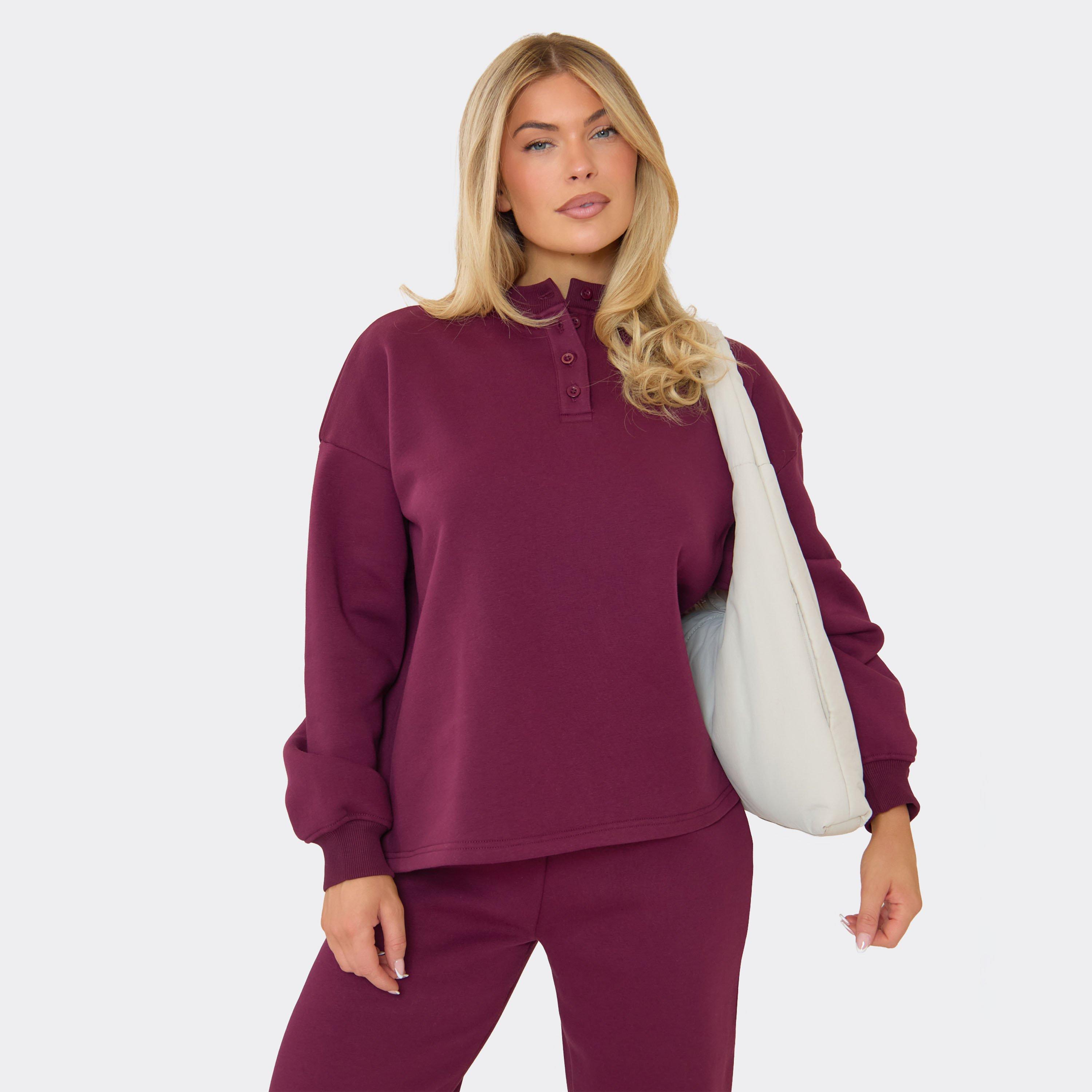 Long Sleeve Button Up Detail Oversized Jumper In Plum, Women’s
