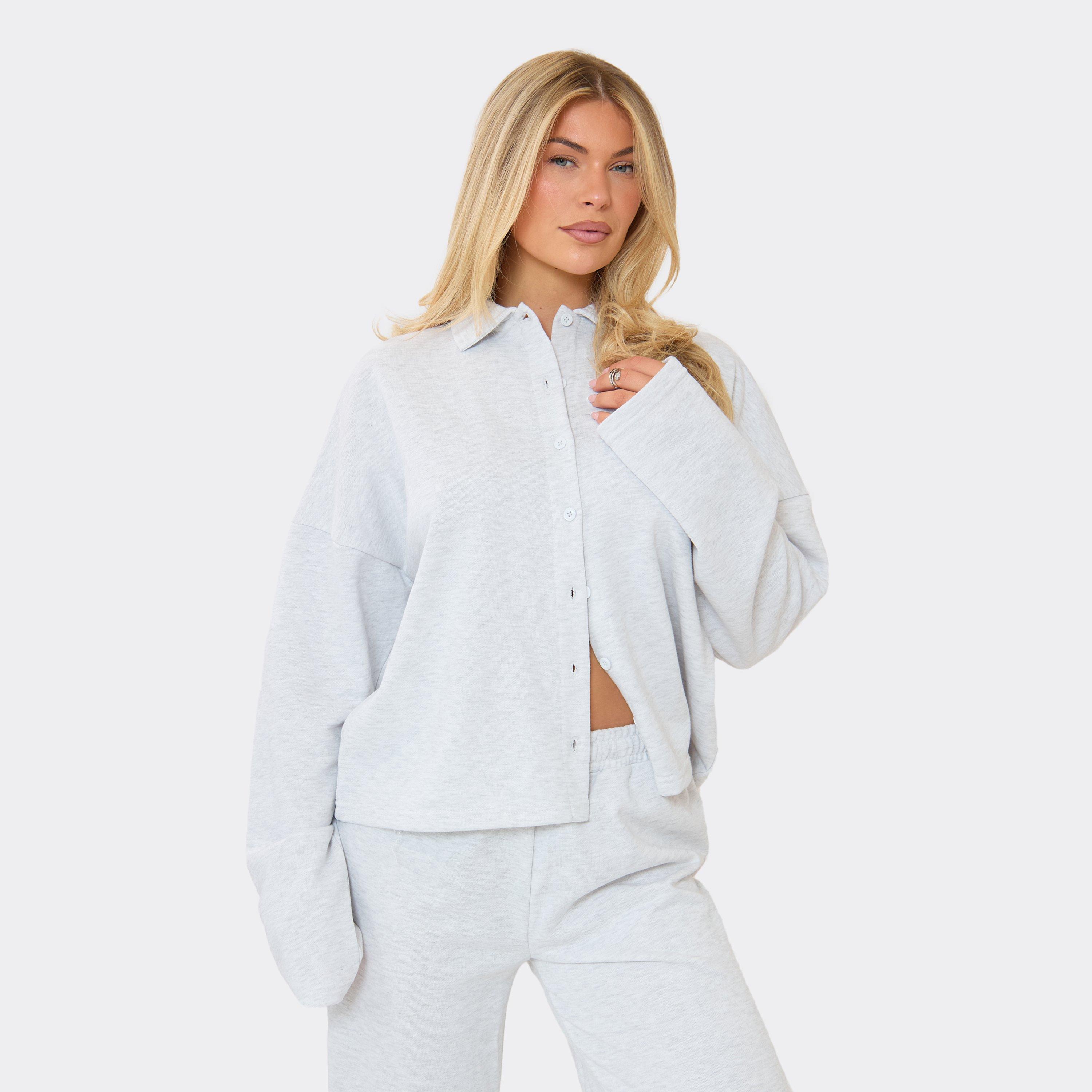 Long Sleeve Collar Detail Shirt In Light Grey Marl, Women's Size UK 12