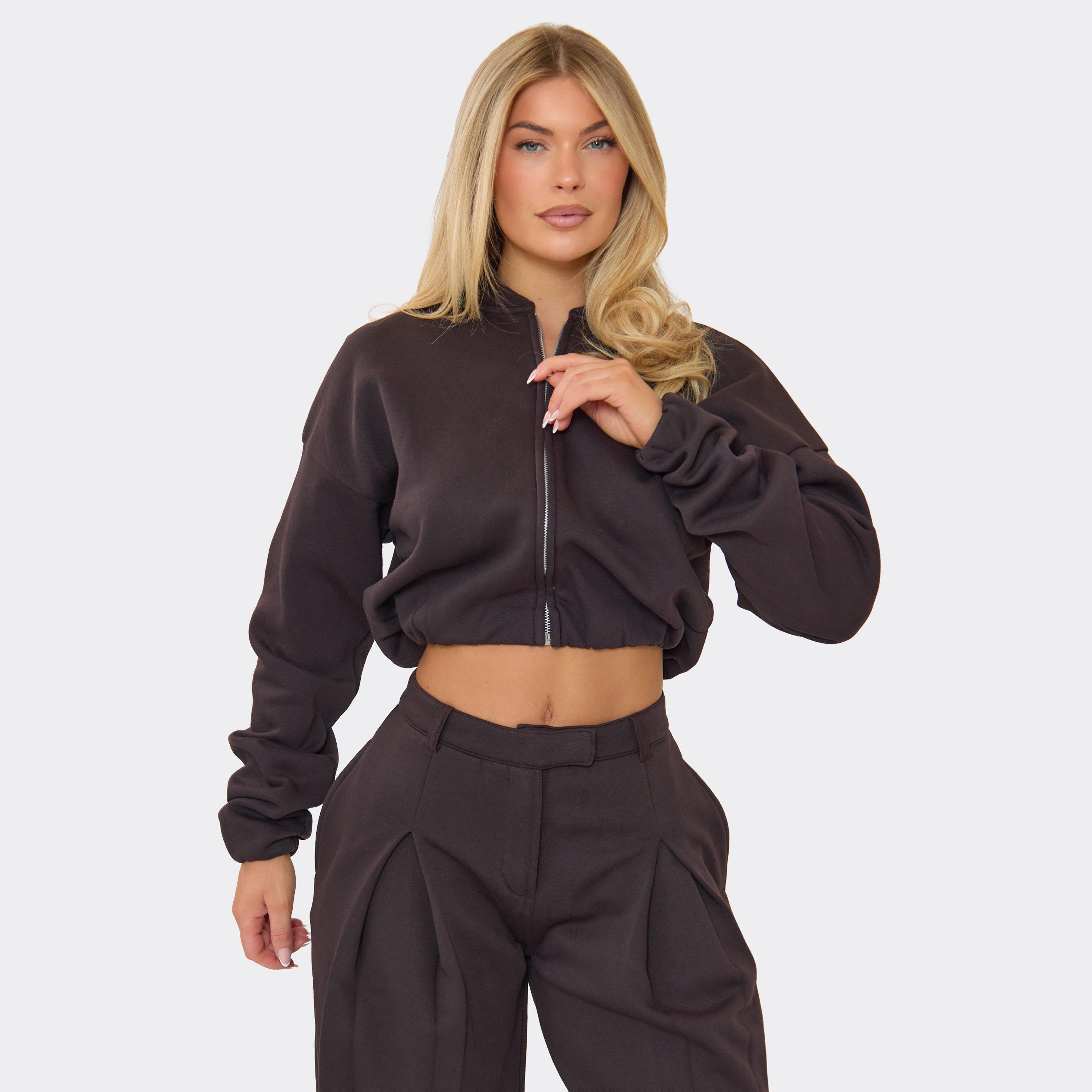 Zip Up Bomber Style Jacket In Chocolate Brown, Women’s