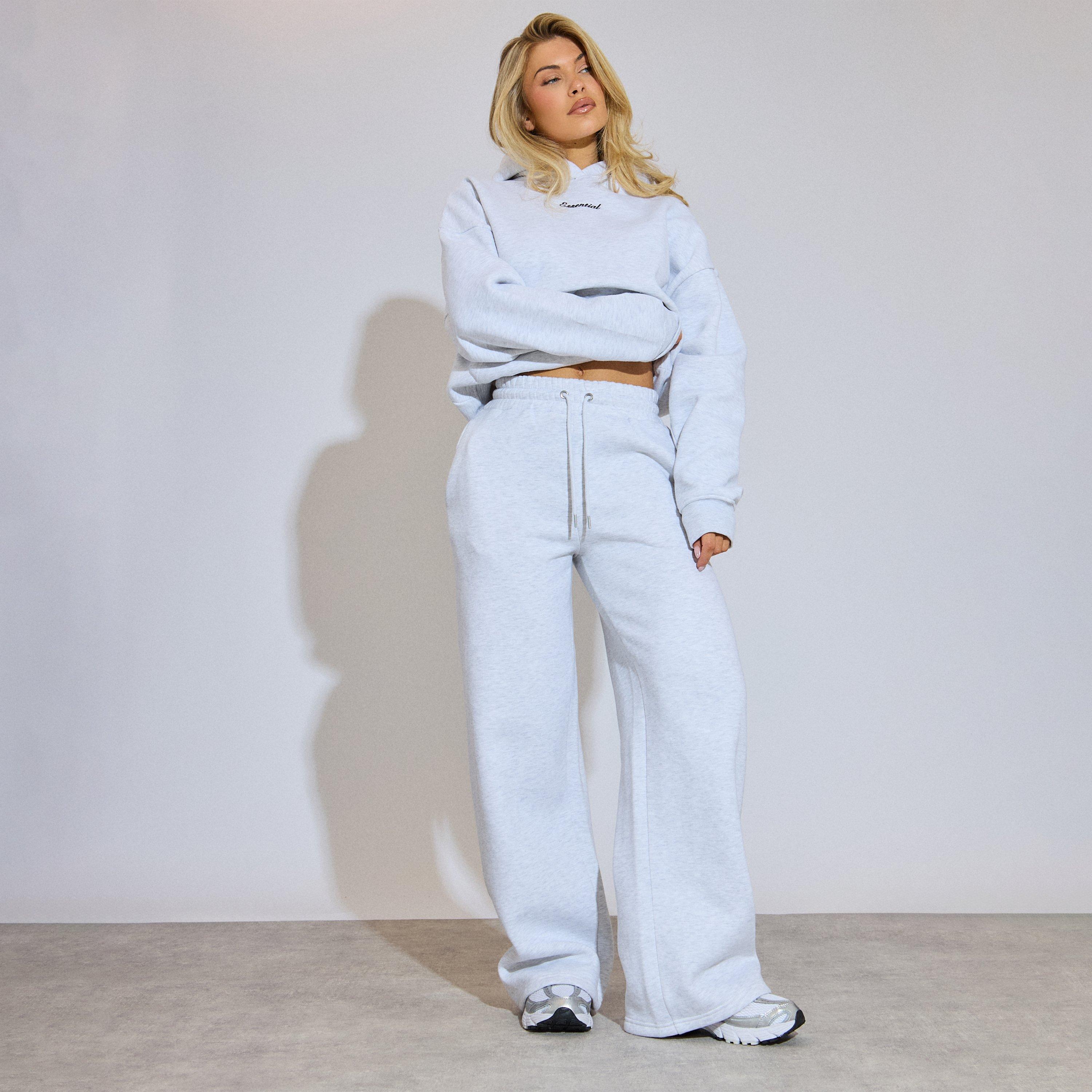 Low Rise Essential Graphic Wide Leg Joggers In Light Grey Marl, Women's Size UK 8