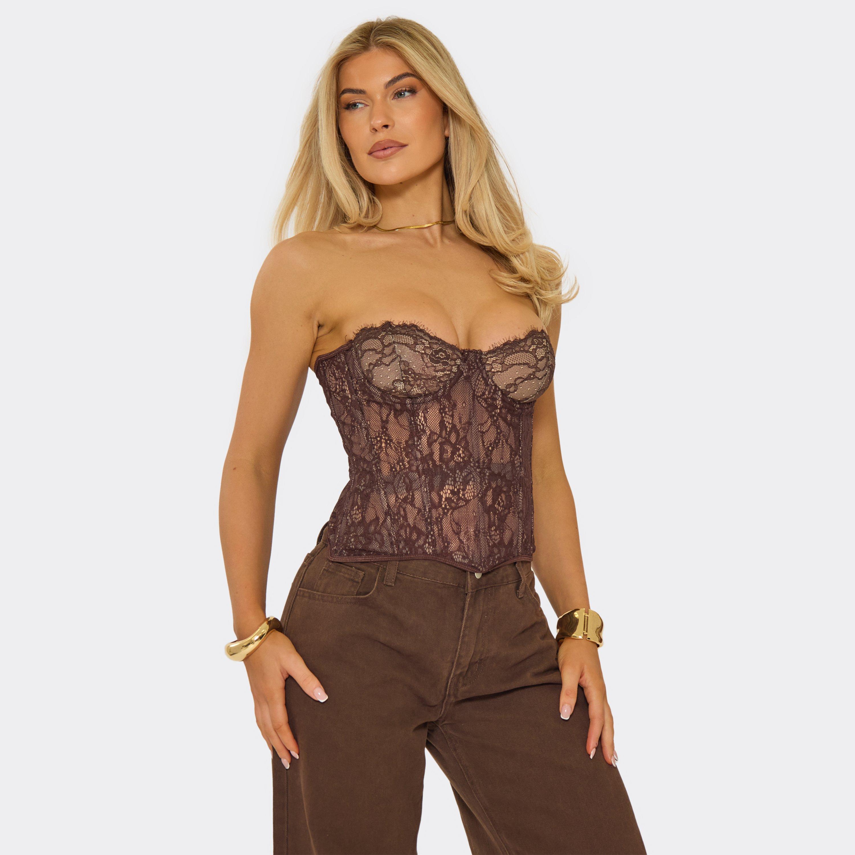 Bandeau Structured Tie Back Detail Corset Top In Brown Lace, Women’s