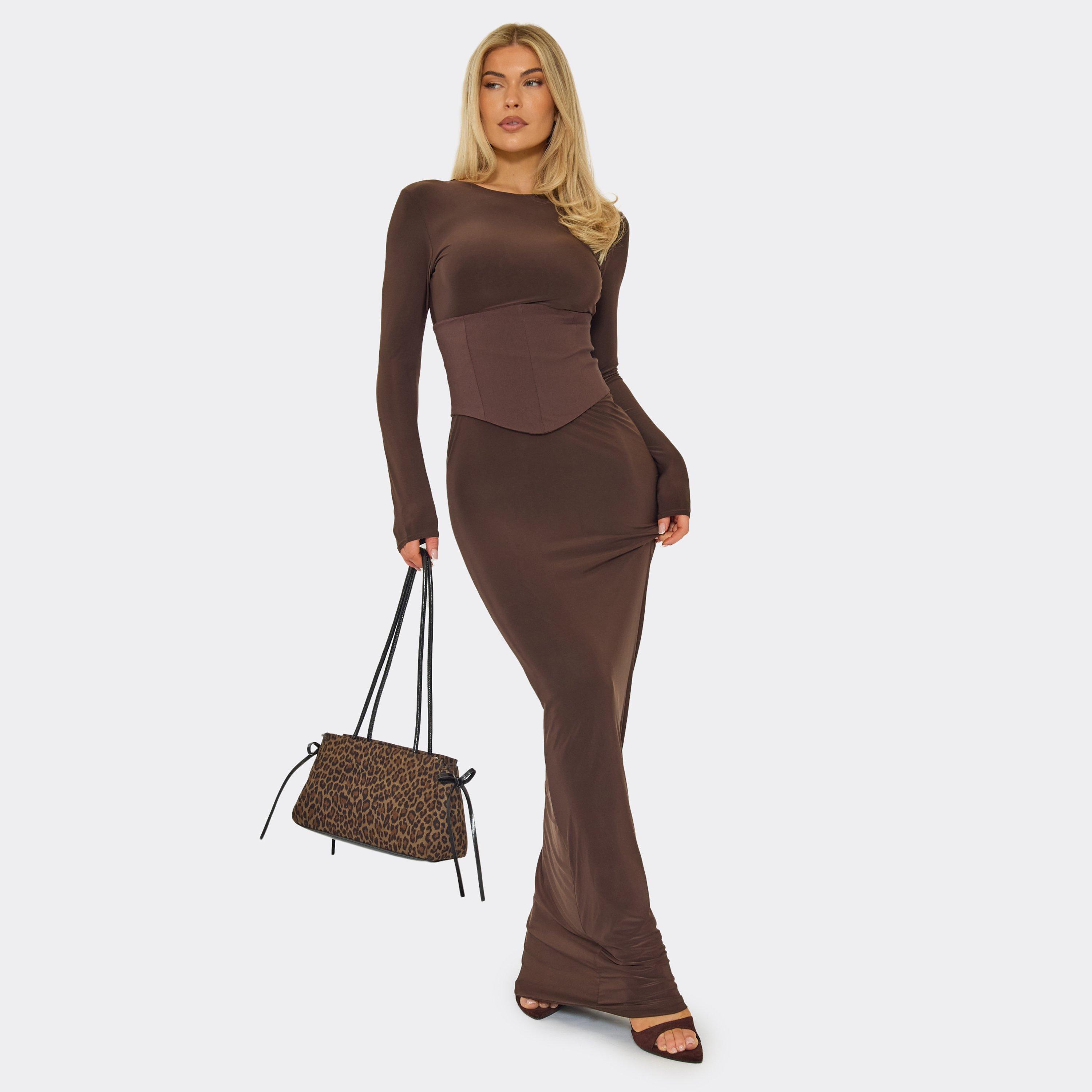 Long Sleeve Corset Detail Fitted Maxi Dress In Chocolate Brown Slinky, Women’s