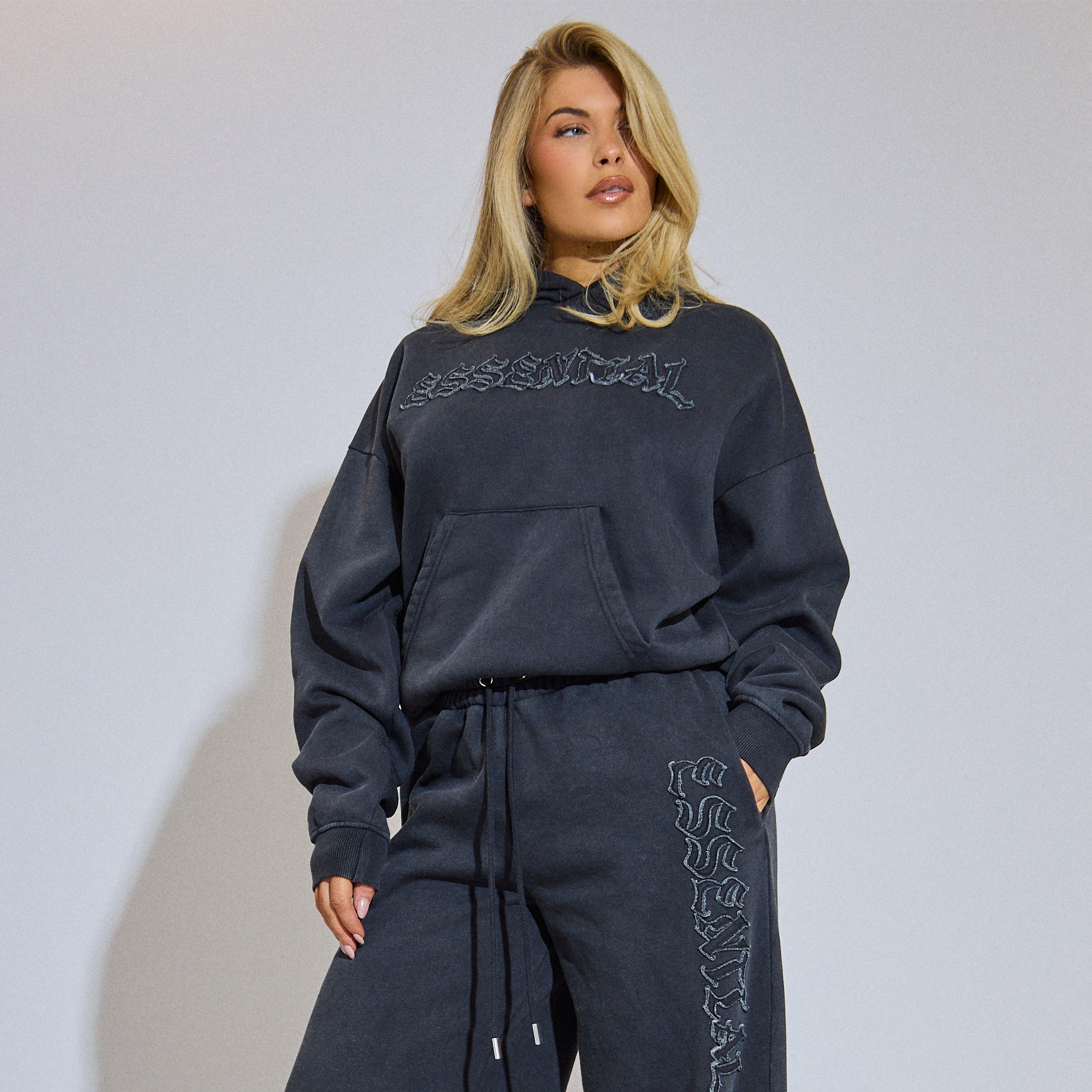 Long Sleeve Embroidered Essential Graphic Hoodie In Washed Charcoal Grey, Women's Size UK 8