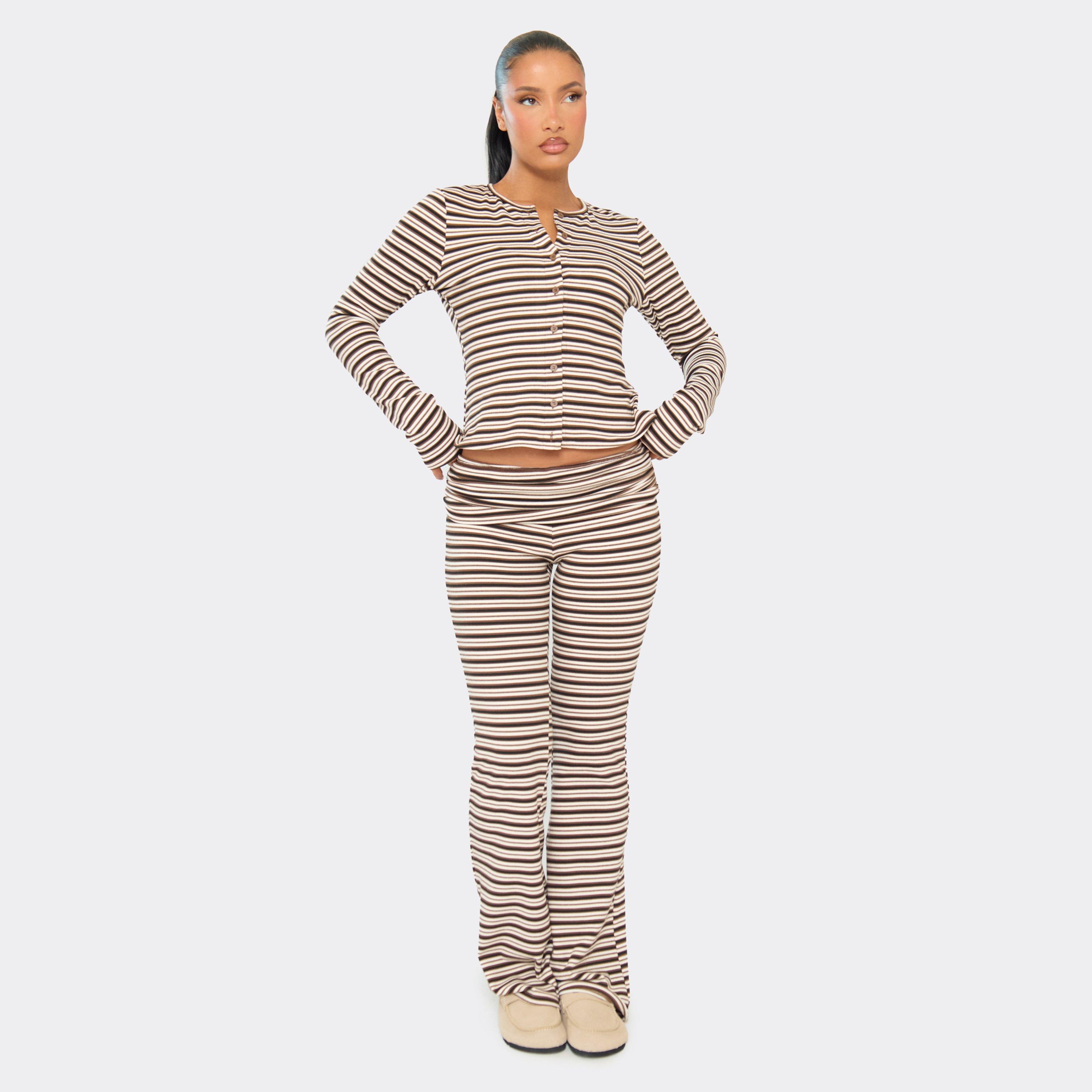 Image of Low Rise Fold Over Flared Trousers In Brown Striped Soft Fleece, Women's