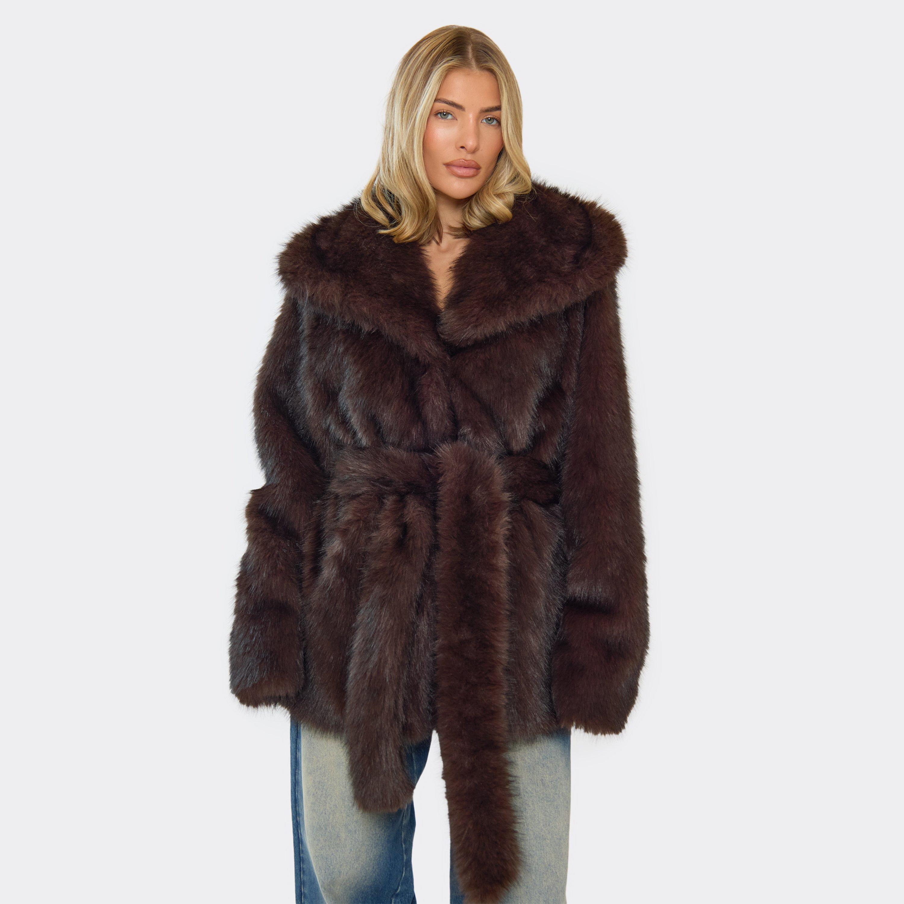 Oversized Collar Tie Belt Waist Coat In Chocolate Brown Faux Fur, Women's Size UK 8