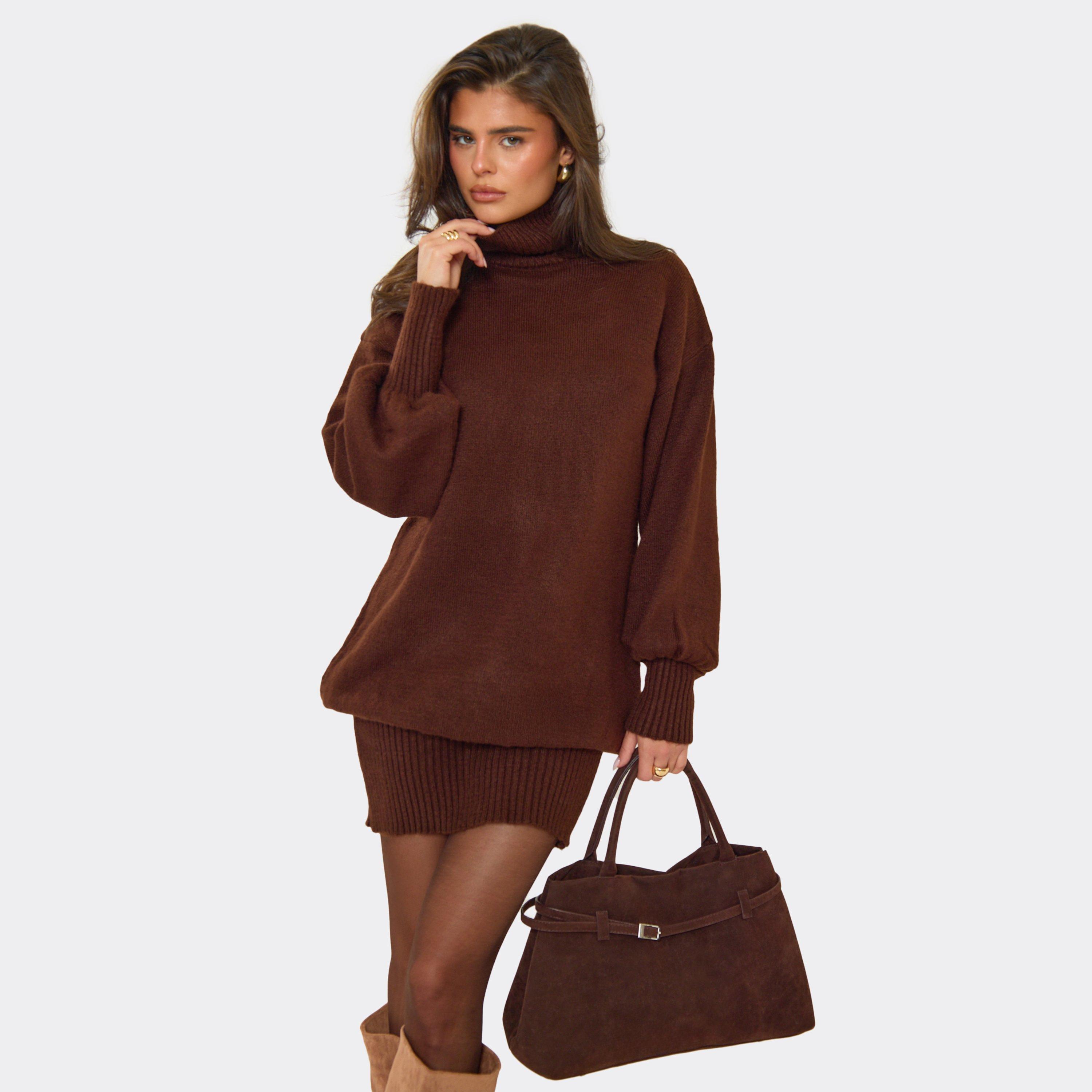 Roll Neck Draped Long Sleeve Mini Dress In Chocolate Brown Knit, Women’s