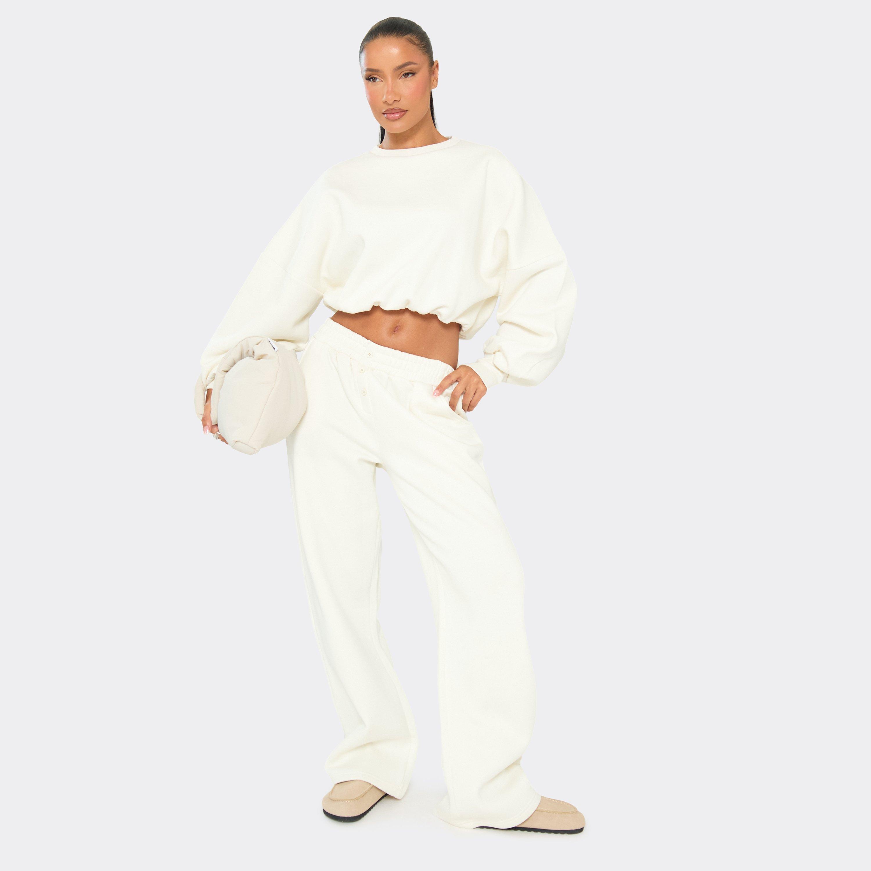 Low Rise Wide Leg Joggers In Cream, Women's Size UK 12