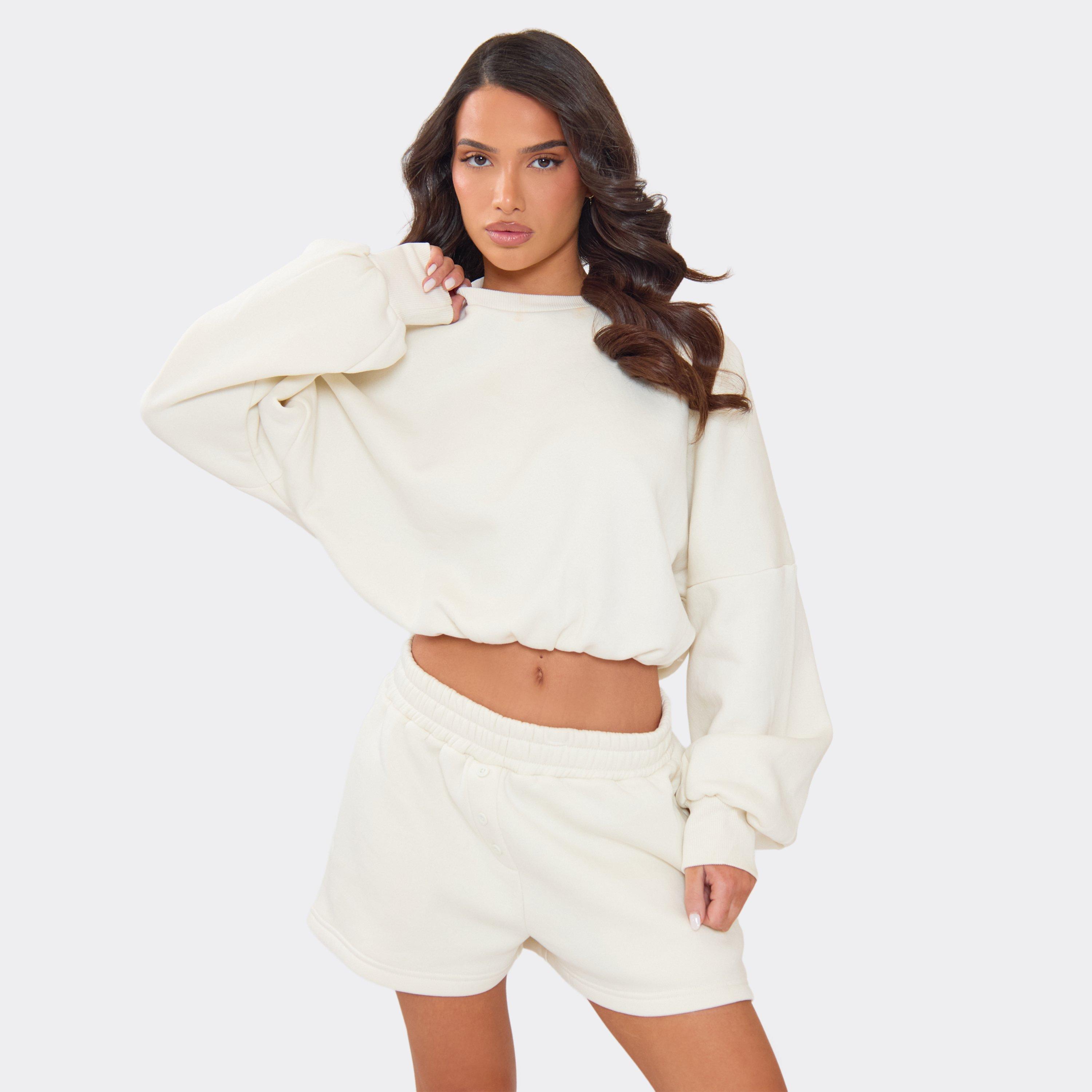 Bubble Hem Cropped Sweatshirt In Cream, Women's Size UK 10