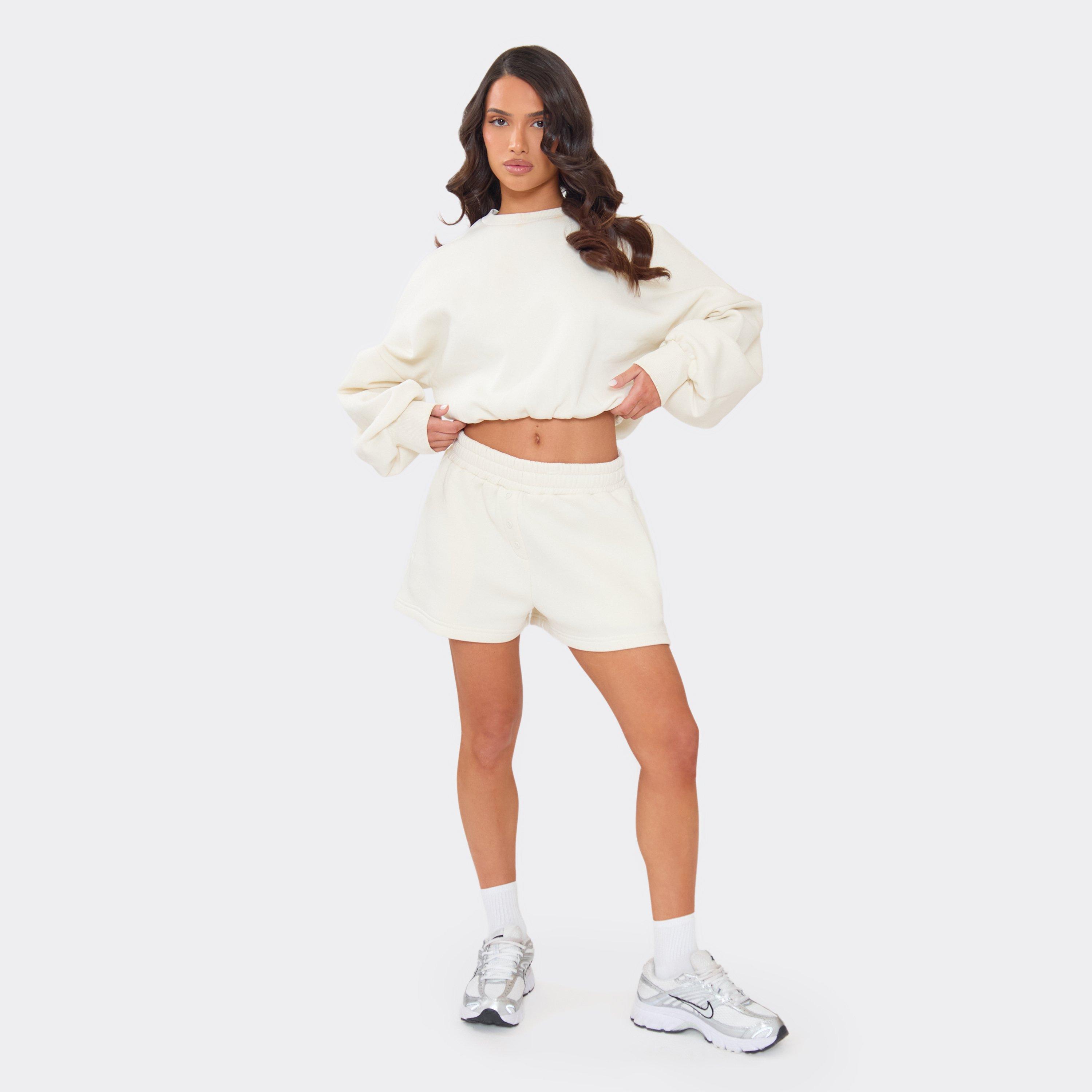 Mid Rise Button Front Detail Sweat Shorts In Cream, Women’s