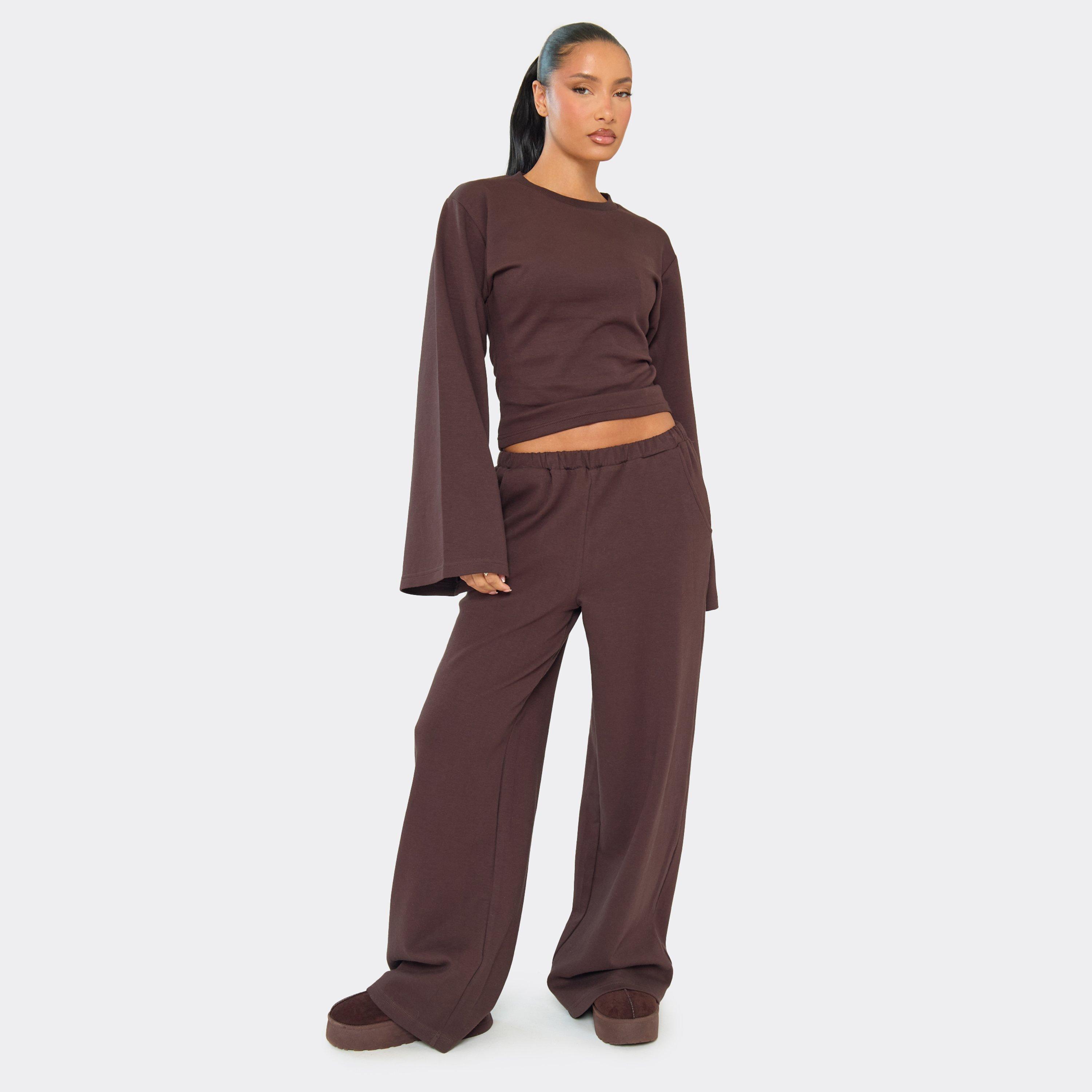 Low Rise Wide Leg Joggers In Chocolate Brown Interlock, Women's Size UK 6