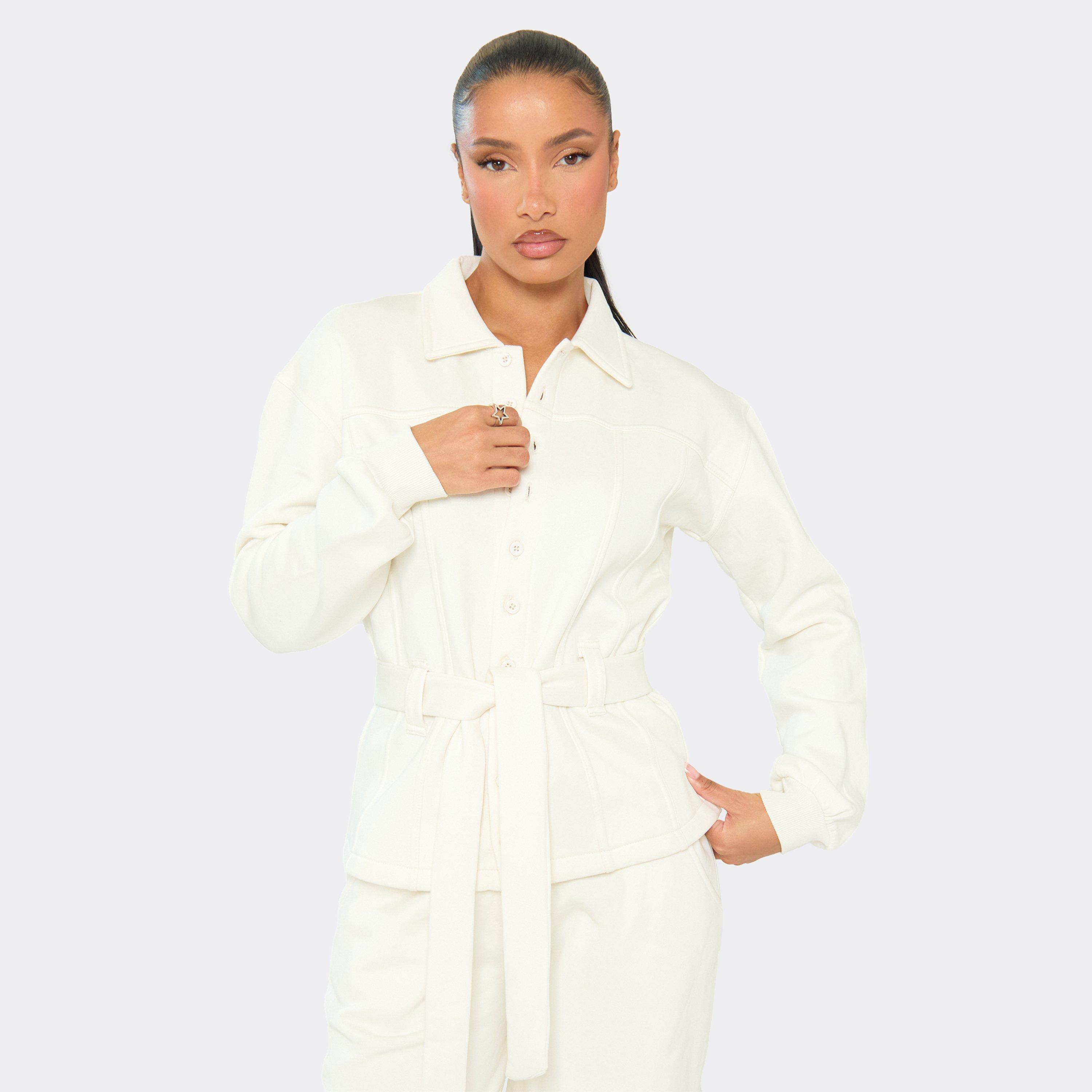 Image of Tie Waist Button Up Collared Sweatshirt In Cream, Women's