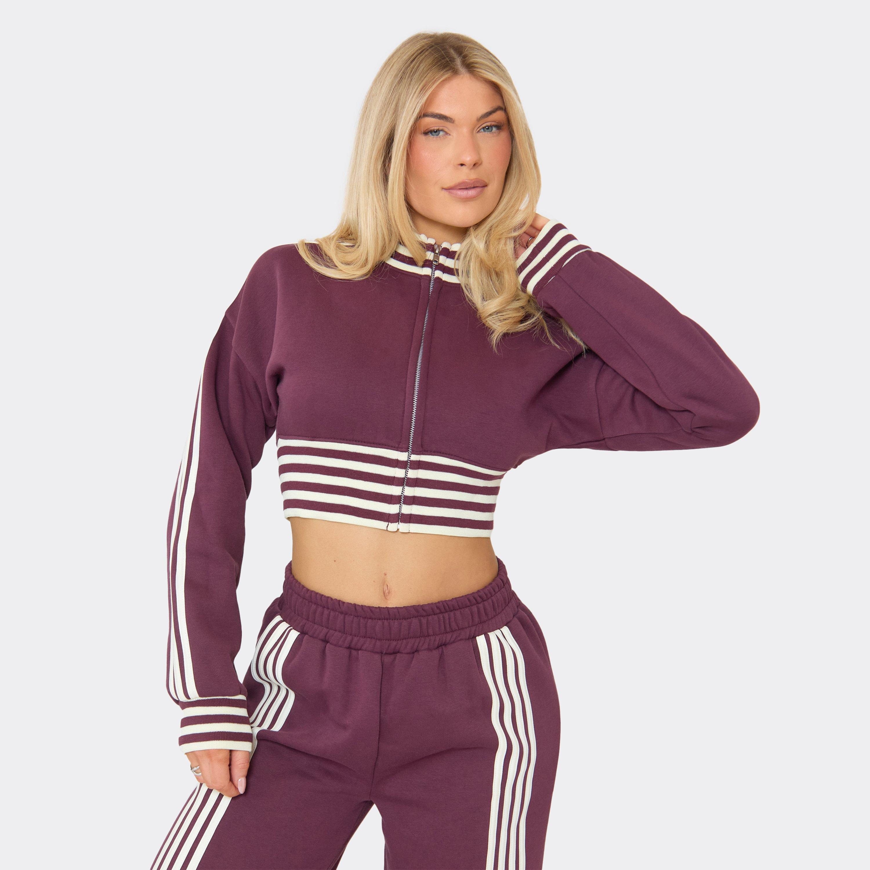 Zip Up Striped Detail Cropped Jacket In Plum, Women's Size UK 12