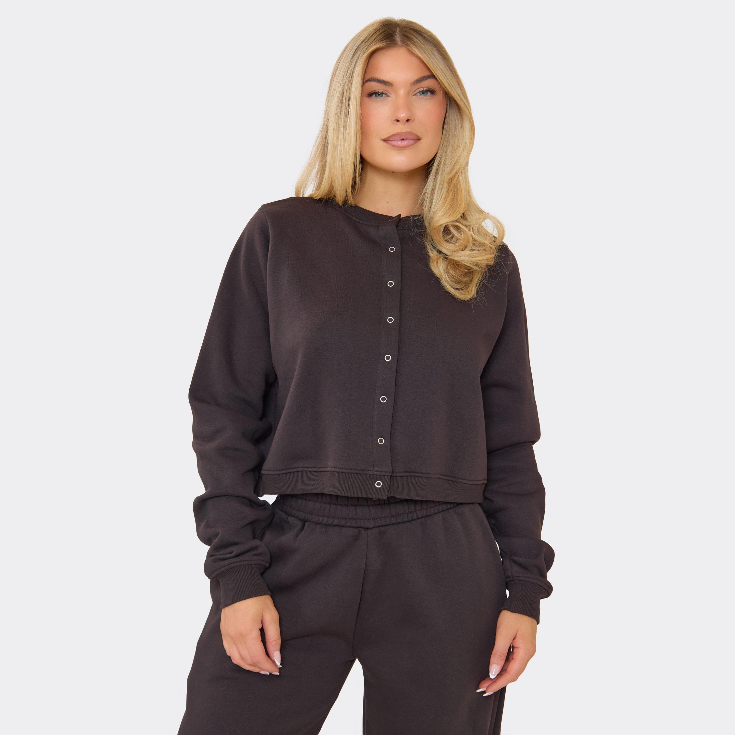 Long Sleeve Popper Detail Sweatshirt In Chocolate Brown, Women's Size UK 6